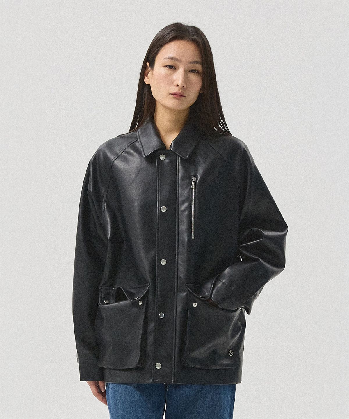 아흐레(AHRE) Varen Faux Leather Field Jacket_BLACK
