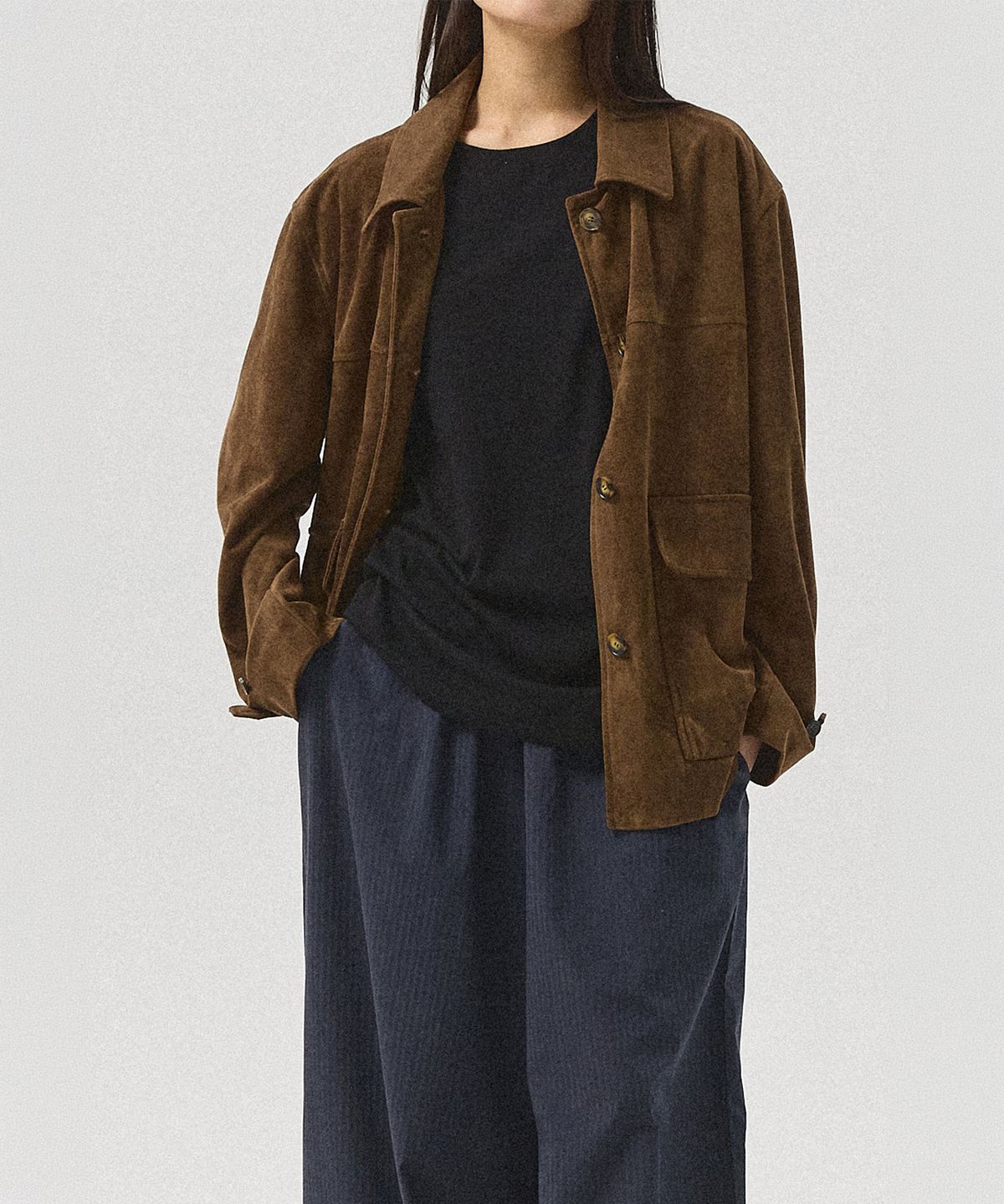 아흐레(AHRE) Hugo Suede Half Hunting Jacket_BROWN