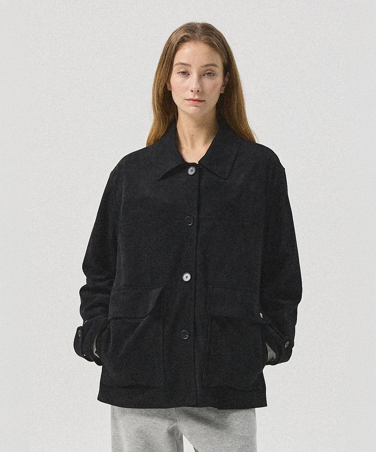 아흐레(AHRE) Hugo Suede Half Hunting Jacket_BLACK