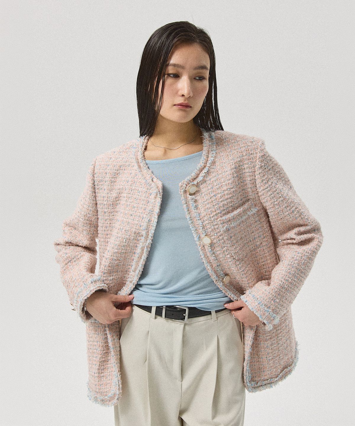 아흐레(AHRE) Lune Color-Mix Tweed Round Jacket_PINK
