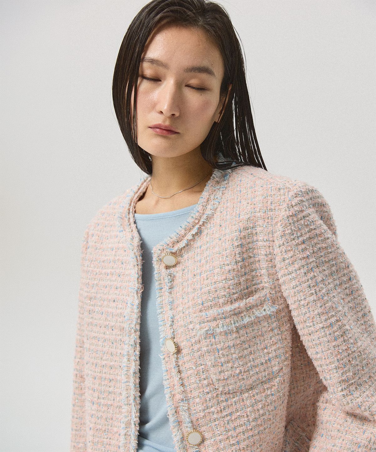 아흐레(AHRE) Lune Color-Mix Tweed Round Jacket_PINK
