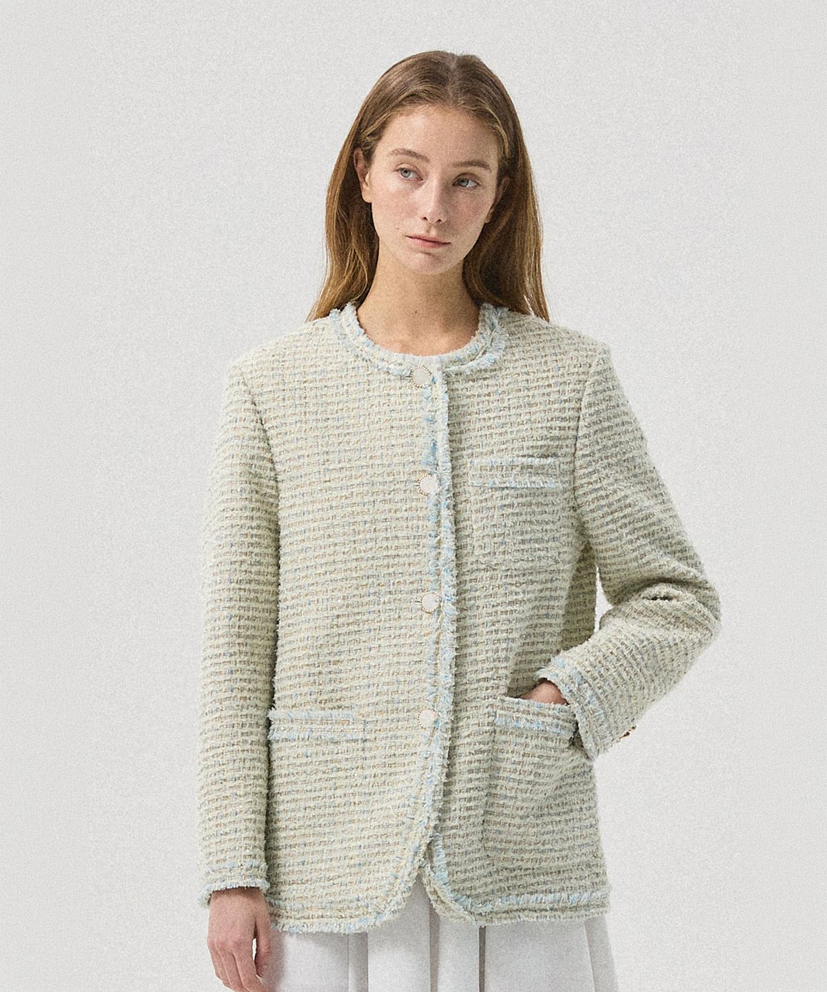 아흐레(AHRE) Lune Color-Mix Tweed Round Jacket_CREAM