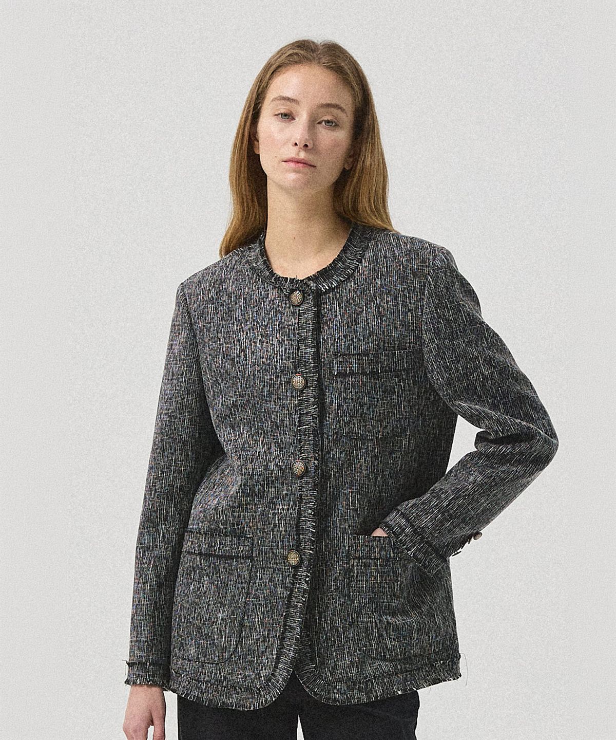 아흐레(AHRE) Vero Vintage Tweed Round Jacket_BLACK
