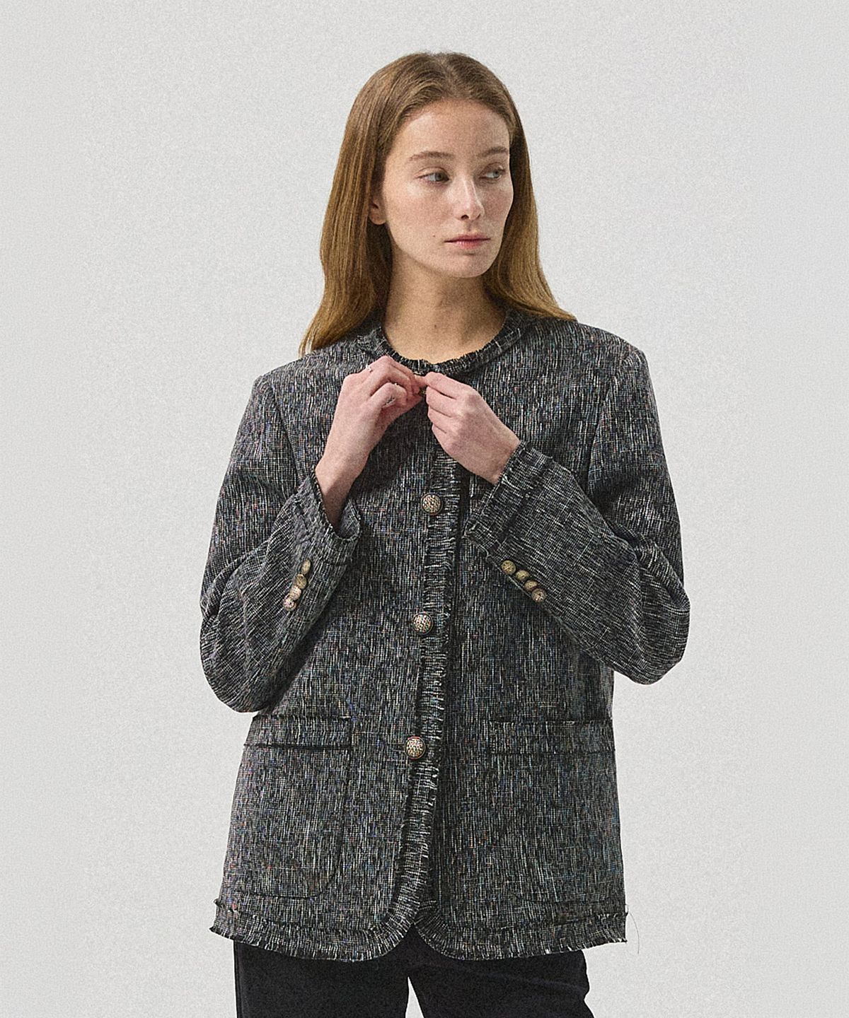 아흐레(AHRE) Vero Vintage Tweed Round Jacket_BLACK