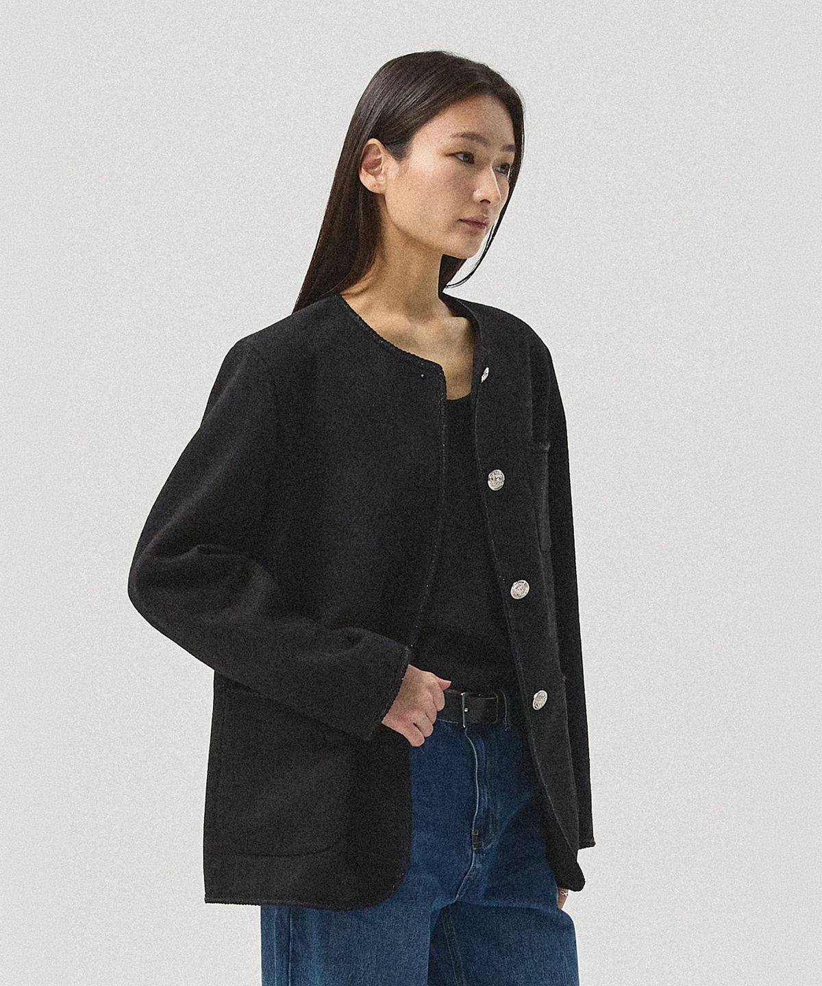 아흐레(AHRE) Rielle Slub Tweed Oversized Jacket_BLACK