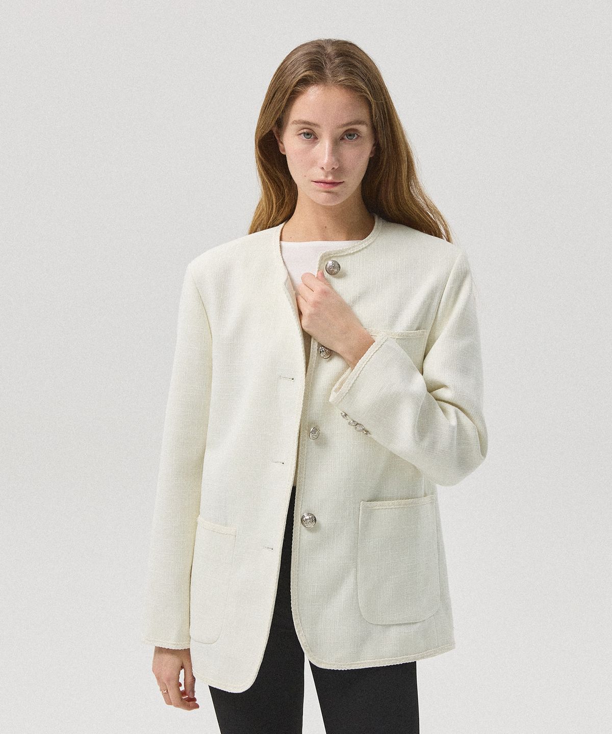 아흐레(AHRE) Rielle Slub Tweed Oversized Jacket_WHITE