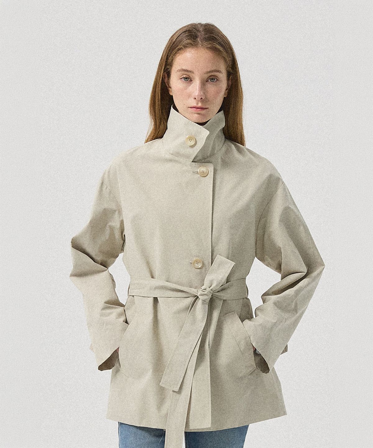 아흐레(AHRE) Arche Belted Half Trench Coat_BEIGE