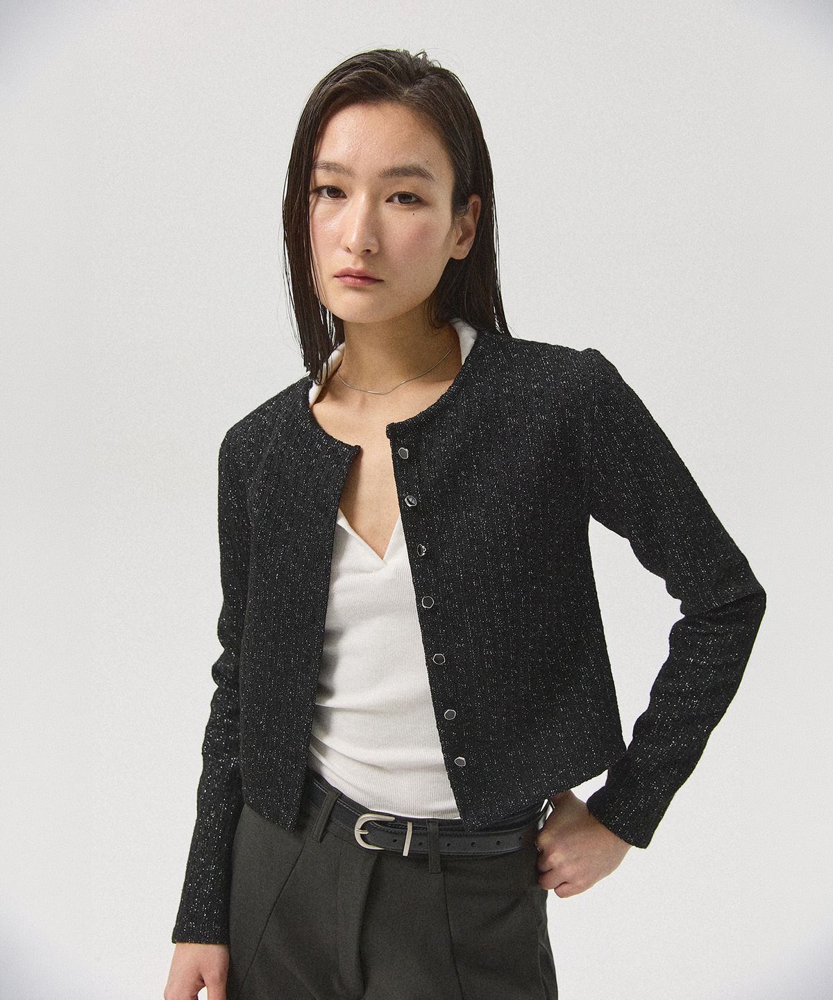 아흐레(AHRE) Noirel Tweed Jacket Cropped Cardigan_BLACK