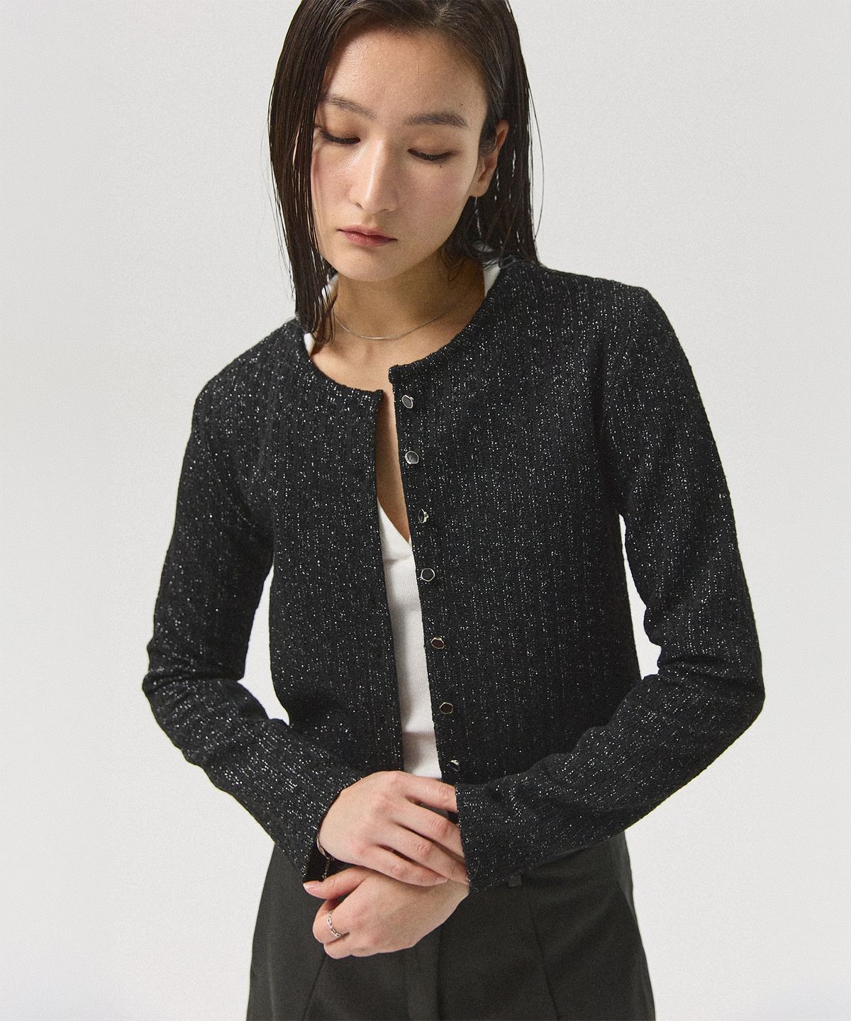 아흐레(AHRE) Noirel Tweed Jacket Cropped Cardigan_BLACK