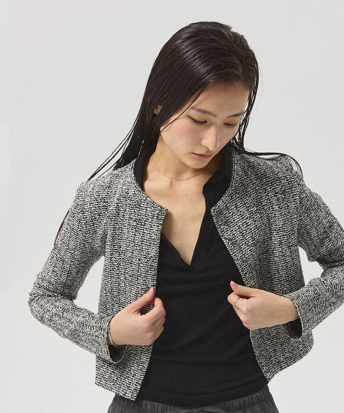 아흐레(AHRE) Dreux Tweed Jacket Cropped Cardigan_BLACK