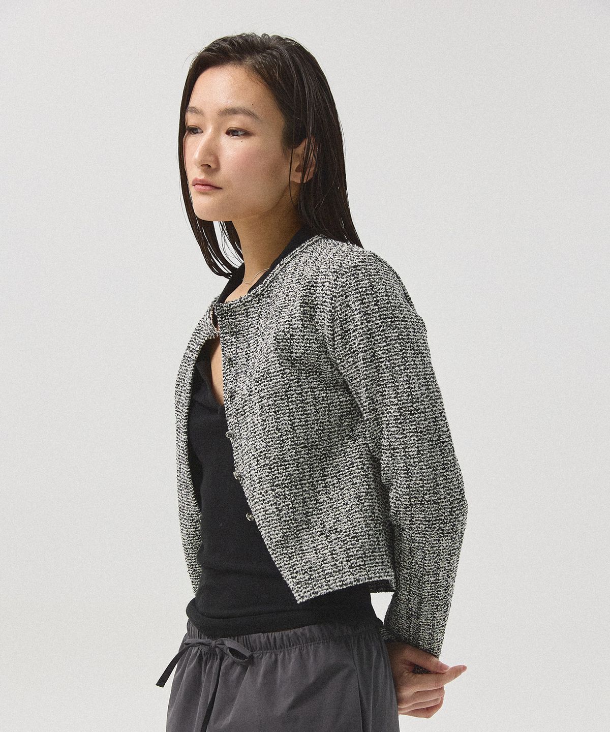 아흐레(AHRE) Dreux Tweed Jacket Cropped Cardigan_BLACK