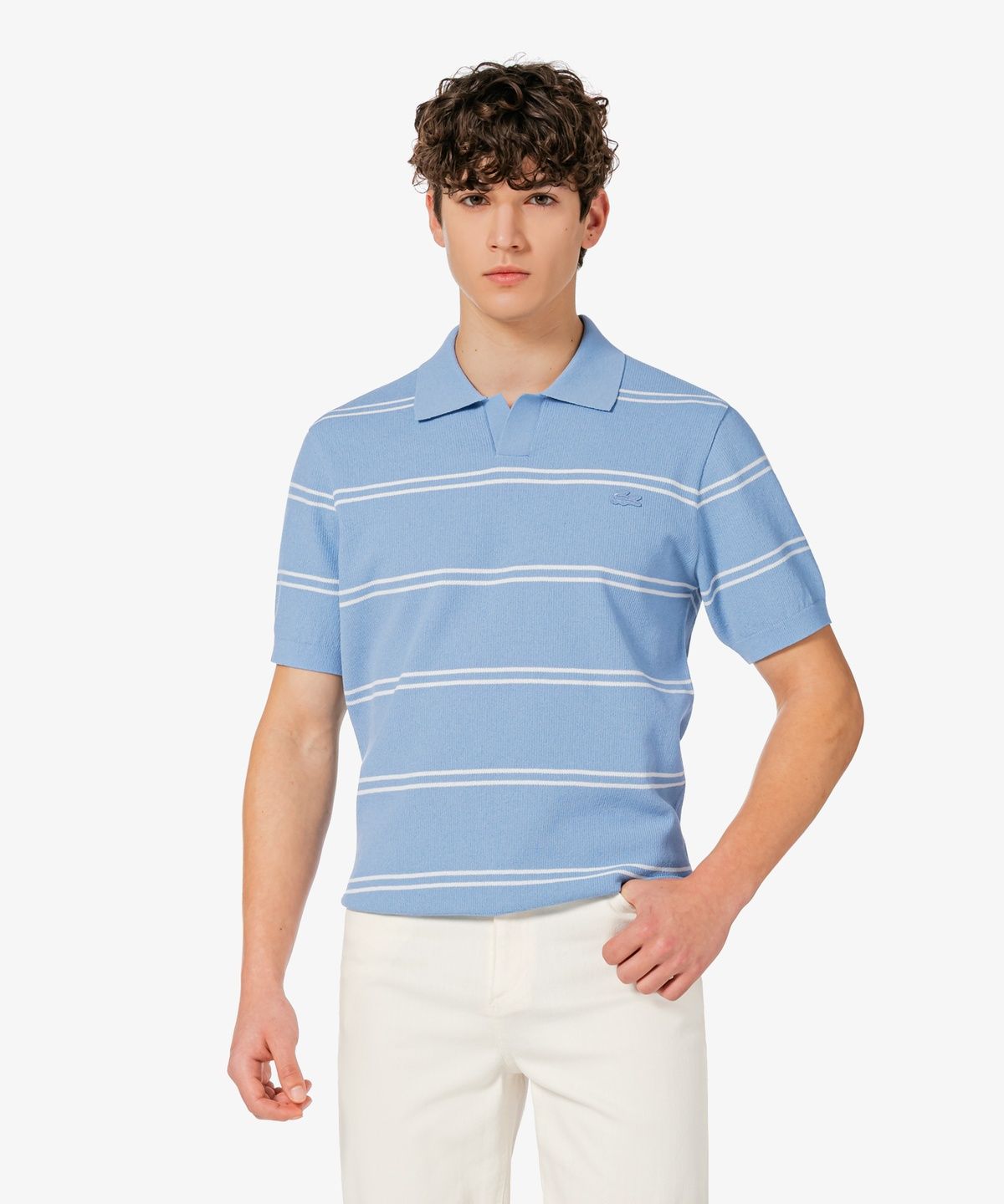 라코스테(LACOSTE) 남성 오픈카라 핀 스트라이프 반팔 스웨터 폴로 셔츠 PH396E-56G AEY