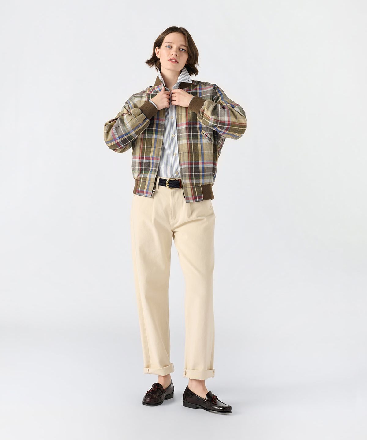 노아(NOAH) (U) 린넨 바시티 자켓 브라운 플레이드 LINEN VARSITY JACKET BROWN PLAID