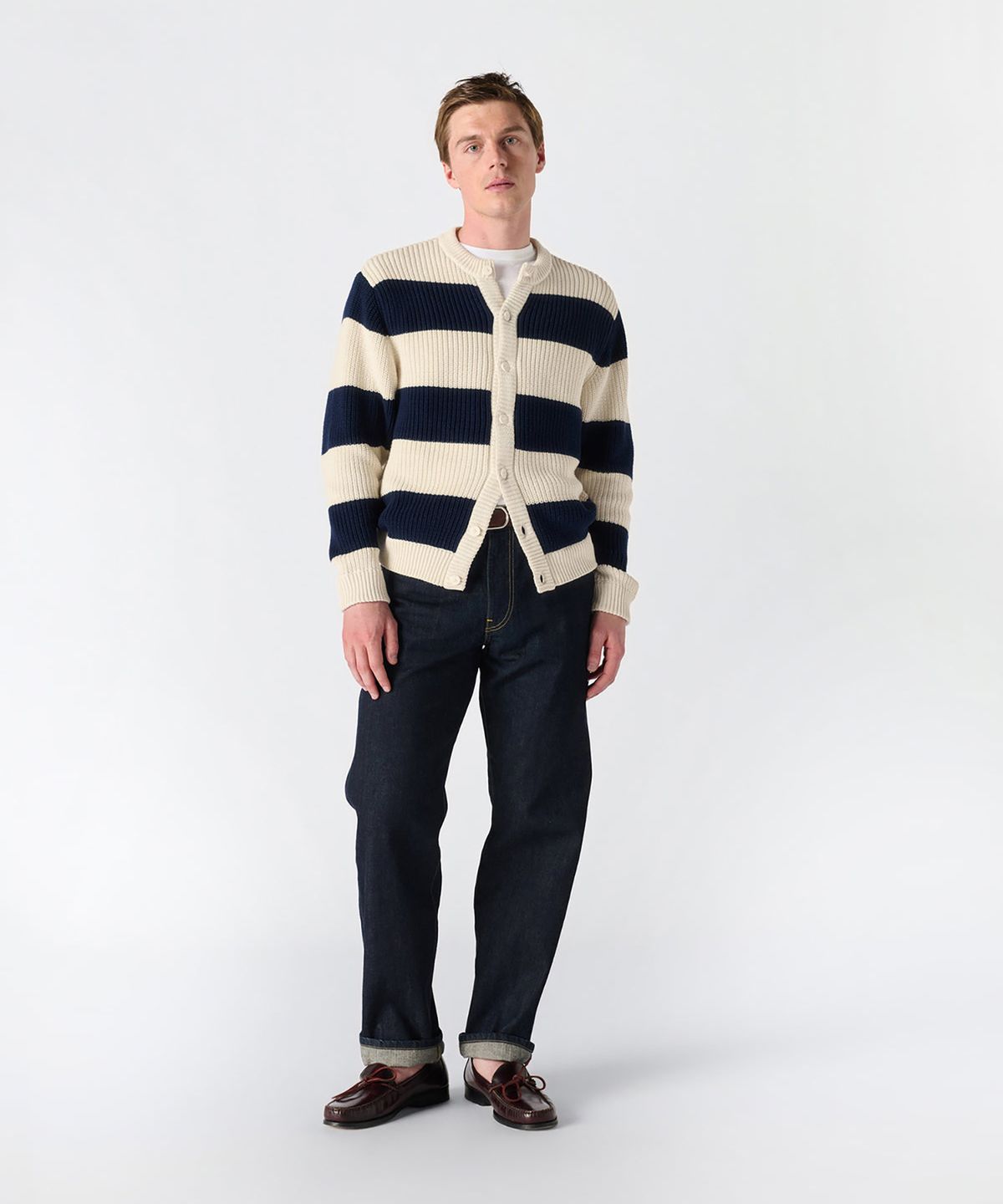 노아(NOAH) (U) 코튼 스웨터 카디건 화이트 네이비 COTTON SWEATER CARDIGAN WHITE/NAVY