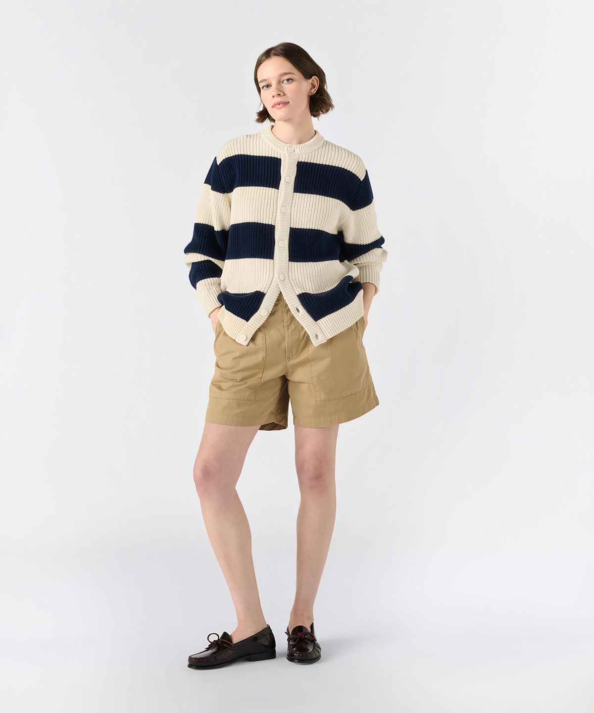 노아(NOAH) (U) 코튼 스웨터 카디건 화이트 네이비 COTTON SWEATER CARDIGAN WHITE/NAVY
