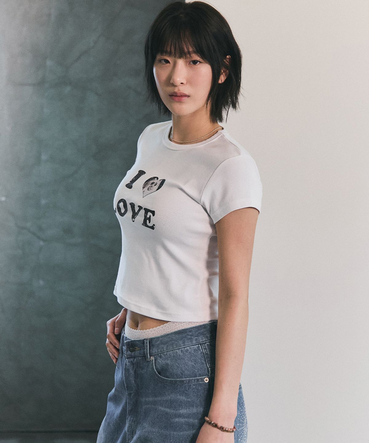 블루썬플라워(BLUESUNFLOWER) 아이 러브 캣 크롭 티 [화이트]