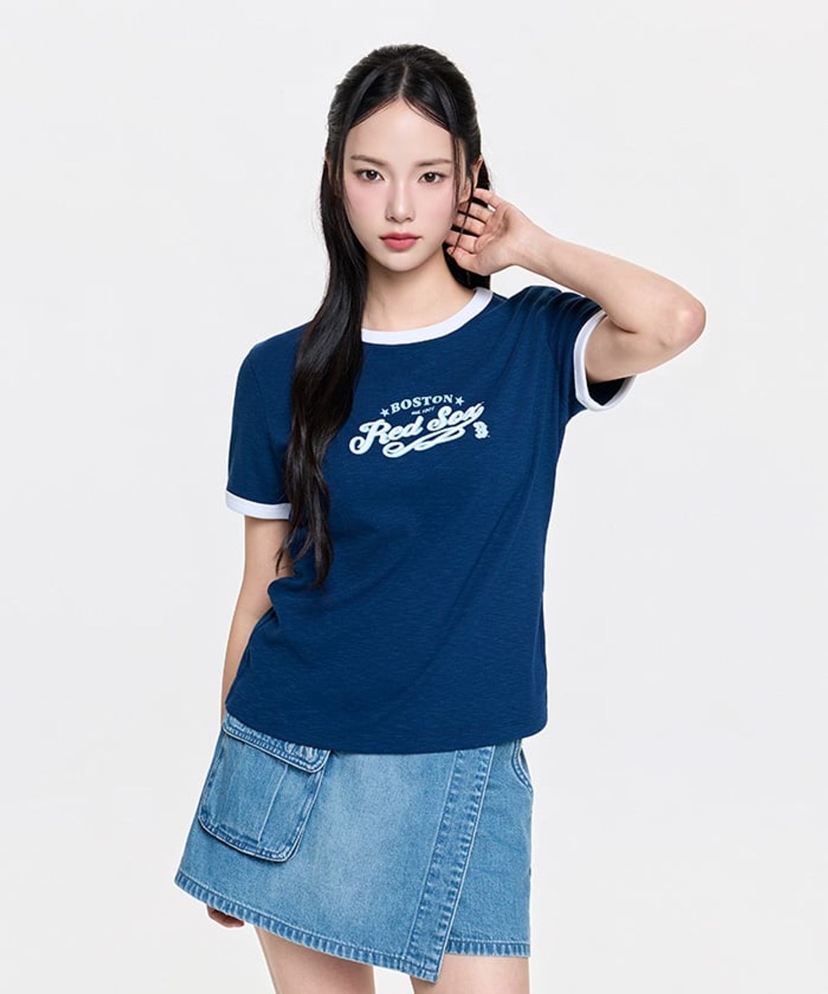 엠엘비(MLB) 여성 바시티 레터링 슬림 슬럽 링거 티셔츠 BOS (D.Navy)