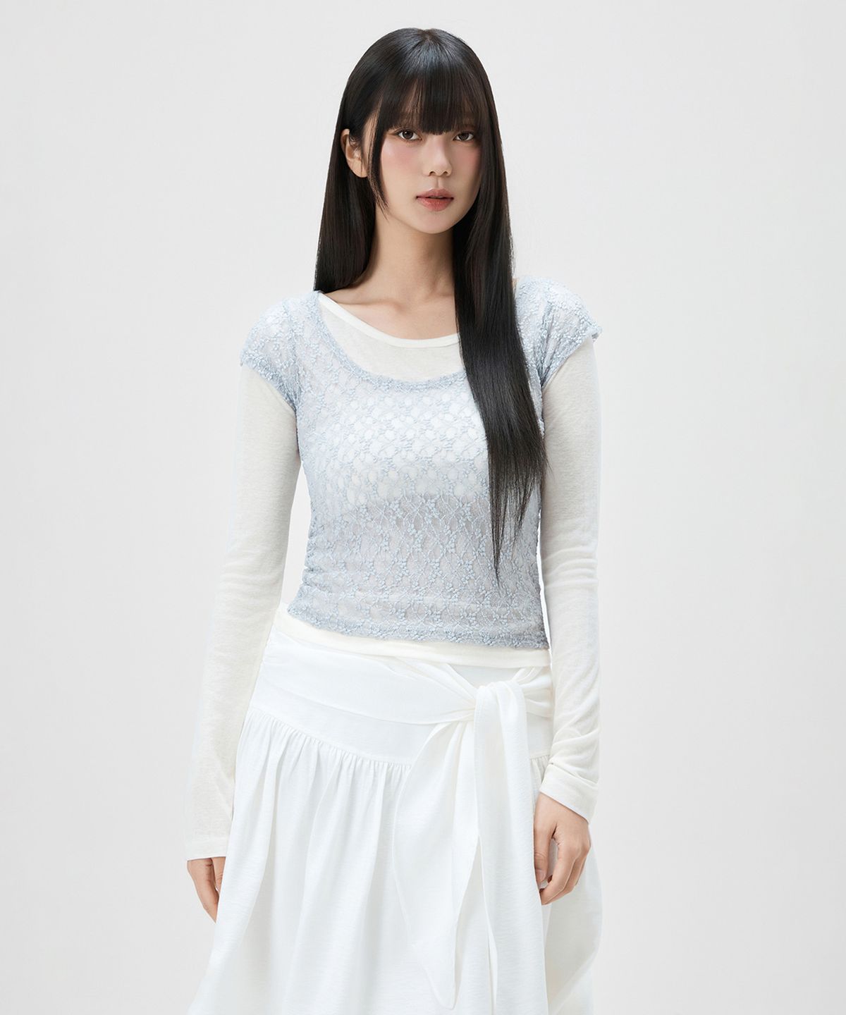 미쏘(MIXXO) 레이스 레이어드 긴팔 티셔츠_MIWLWG41MS