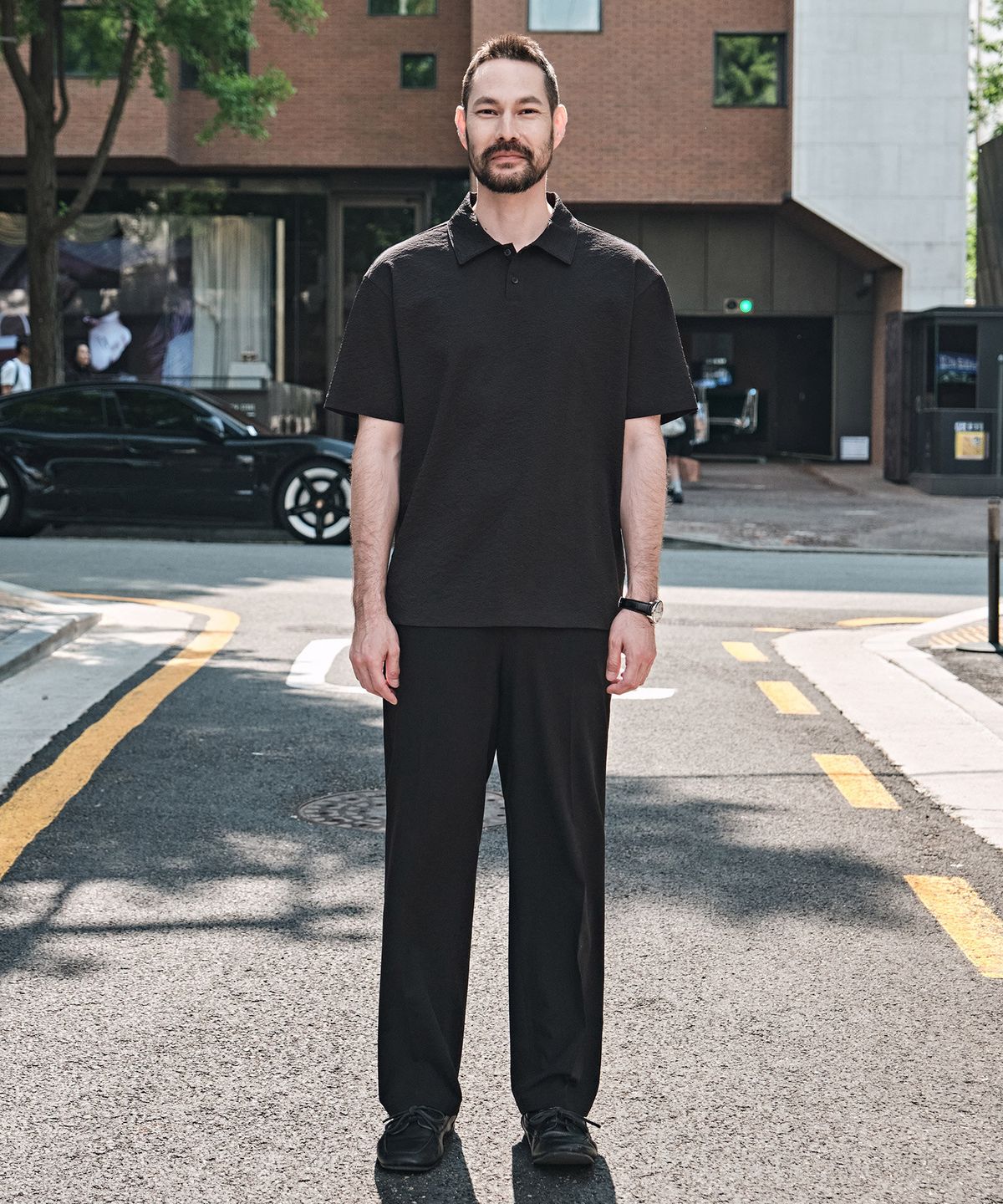 에스티코(STCO) [FLEXION] 서커 카라 반팔 티셔츠_블랙 (오버핏)_STSXB36OSB