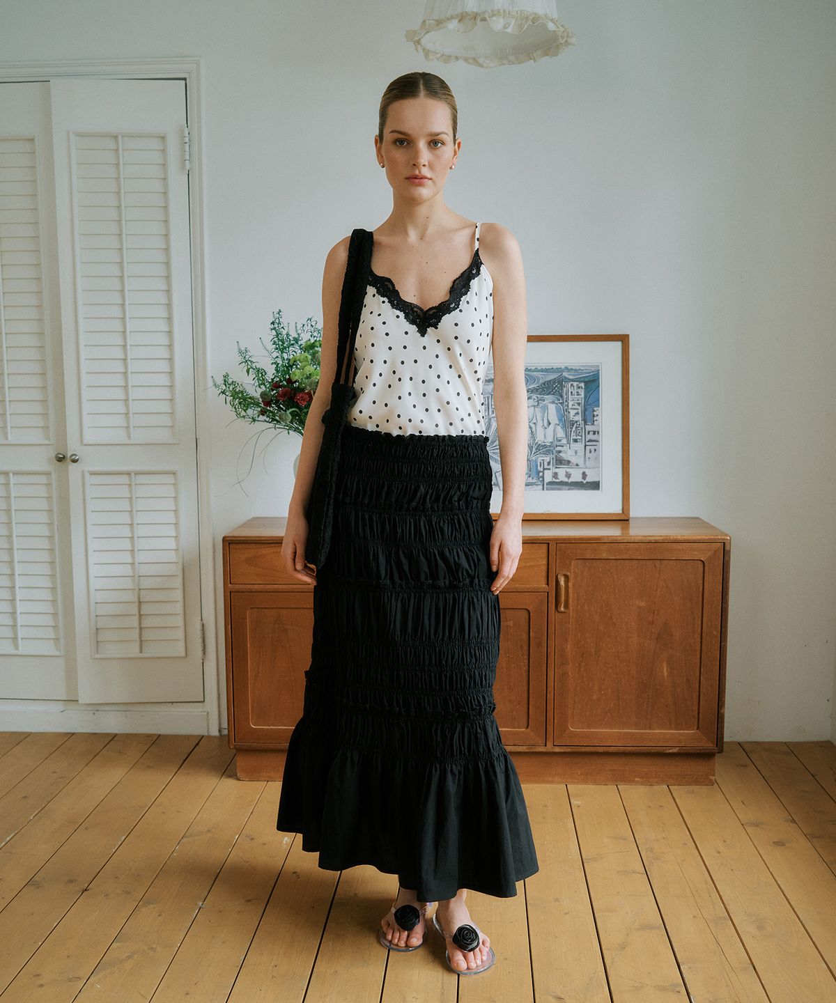 그린버터(GREENBUTTER) Shirring Long Skirt (Black)