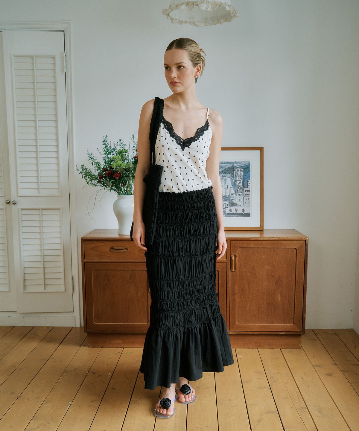 그린버터(GREENBUTTER) Shirring Long Skirt (Black)
