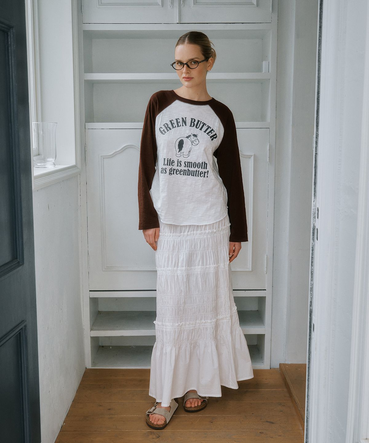그린버터(GREENBUTTER) Shirring Long Skirt (Ivory)