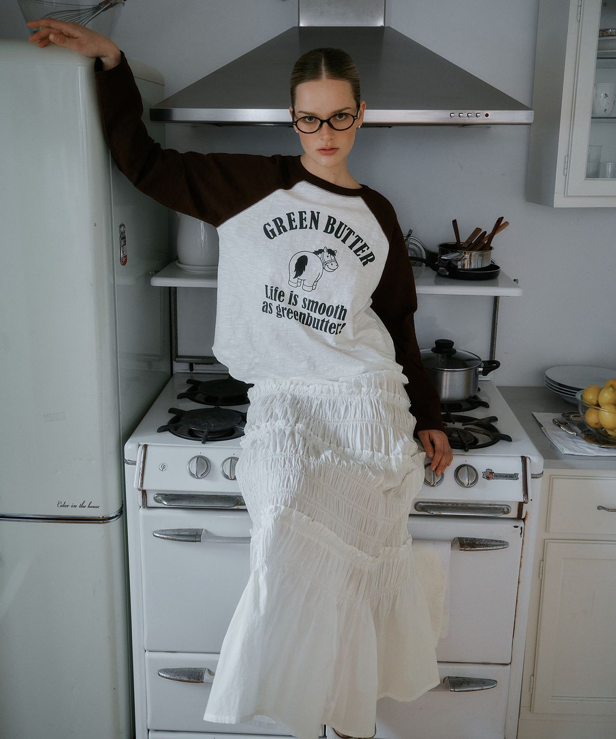 그린버터(GREENBUTTER) Shirring Long Skirt (Ivory)