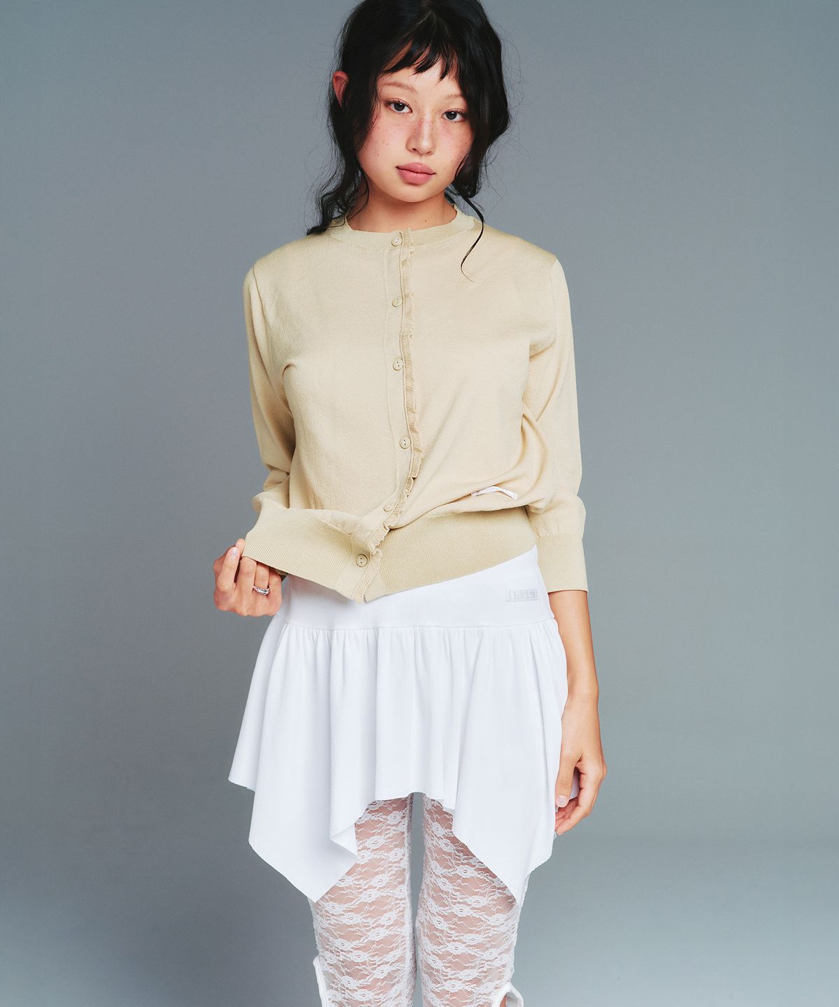 아메스 월드와이드(AMES-WORLDWIDE) CLASSIC 3/4 SLEEVE RUFFLE CARDIGAN GREEN