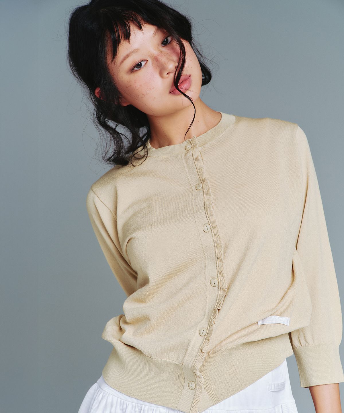 아메스 월드와이드(AMES-WORLDWIDE) CLASSIC 3/4 SLEEVE RUFFLE CARDIGAN GREEN