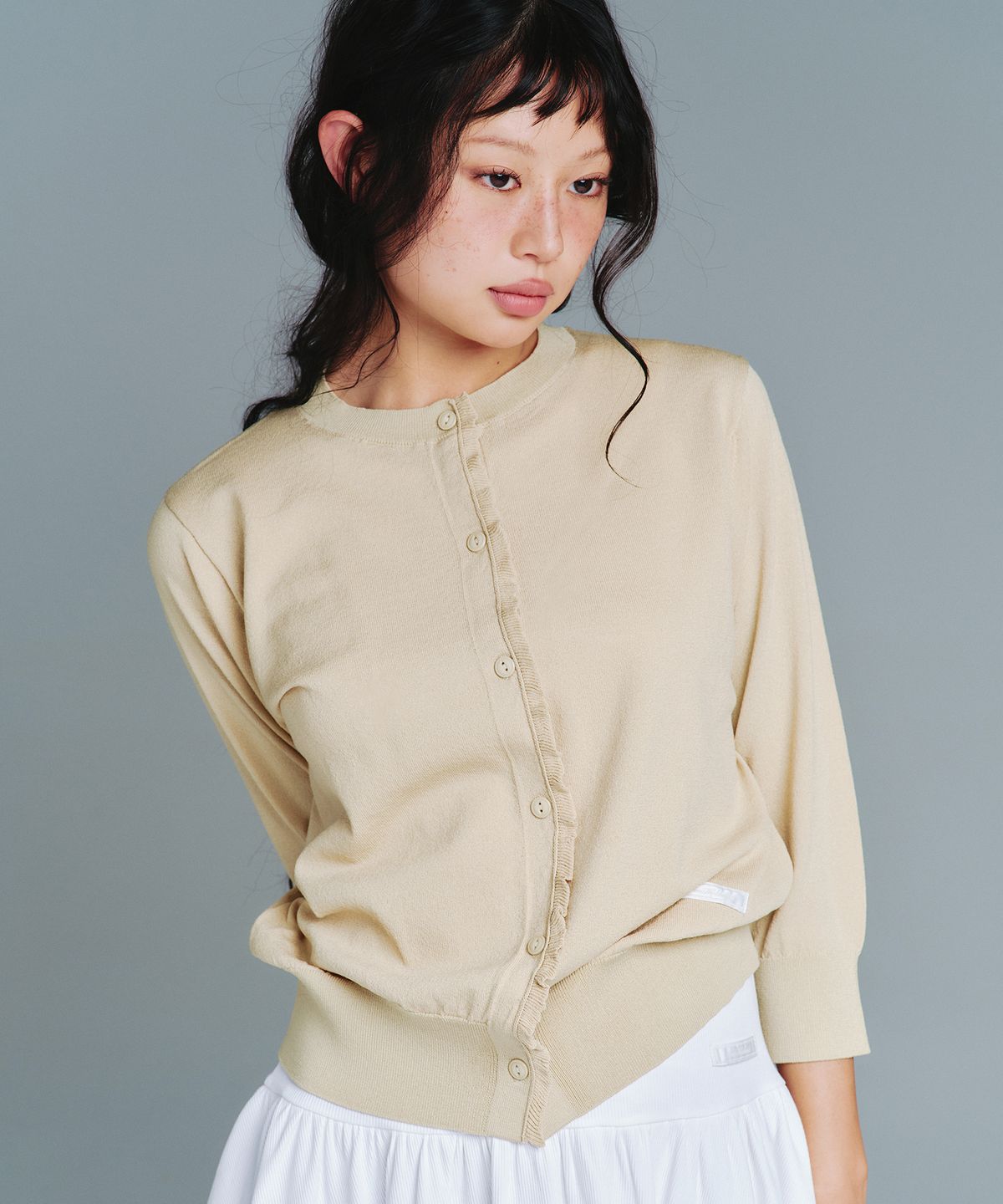 아메스 월드와이드(AMES-WORLDWIDE) CLASSIC 3/4 SLEEVE RUFFLE CARDIGAN GREEN