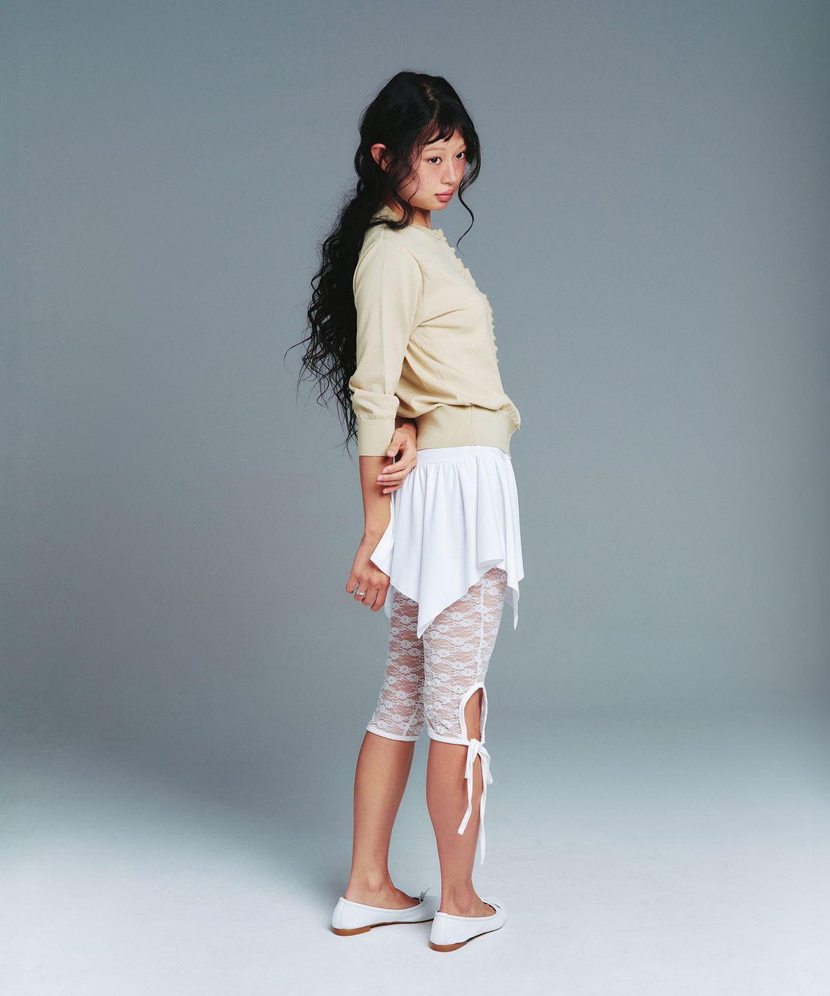 아메스 월드와이드(AMES-WORLDWIDE) CLASSIC 3/4 SLEEVE RUFFLE CARDIGAN GREEN