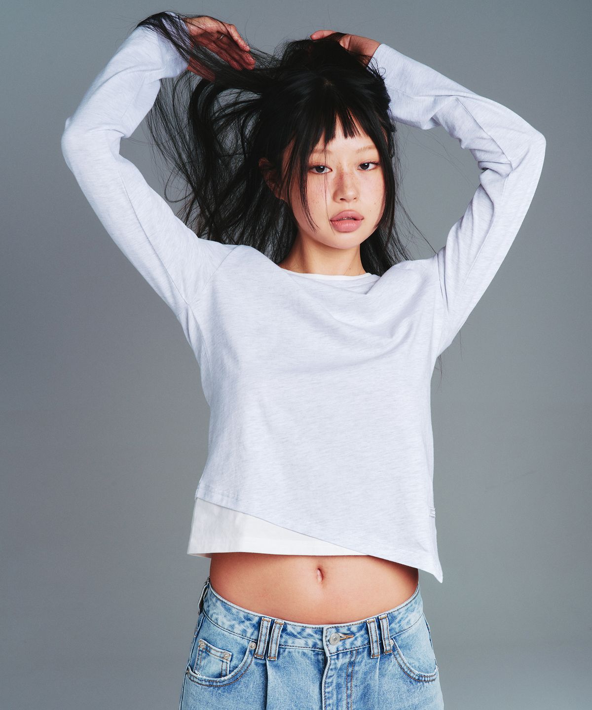 아메스 월드와이드(AMES-WORLDWIDE) CLASSIC UNBALANCE LAYERED LS TEE LIGHT GREY