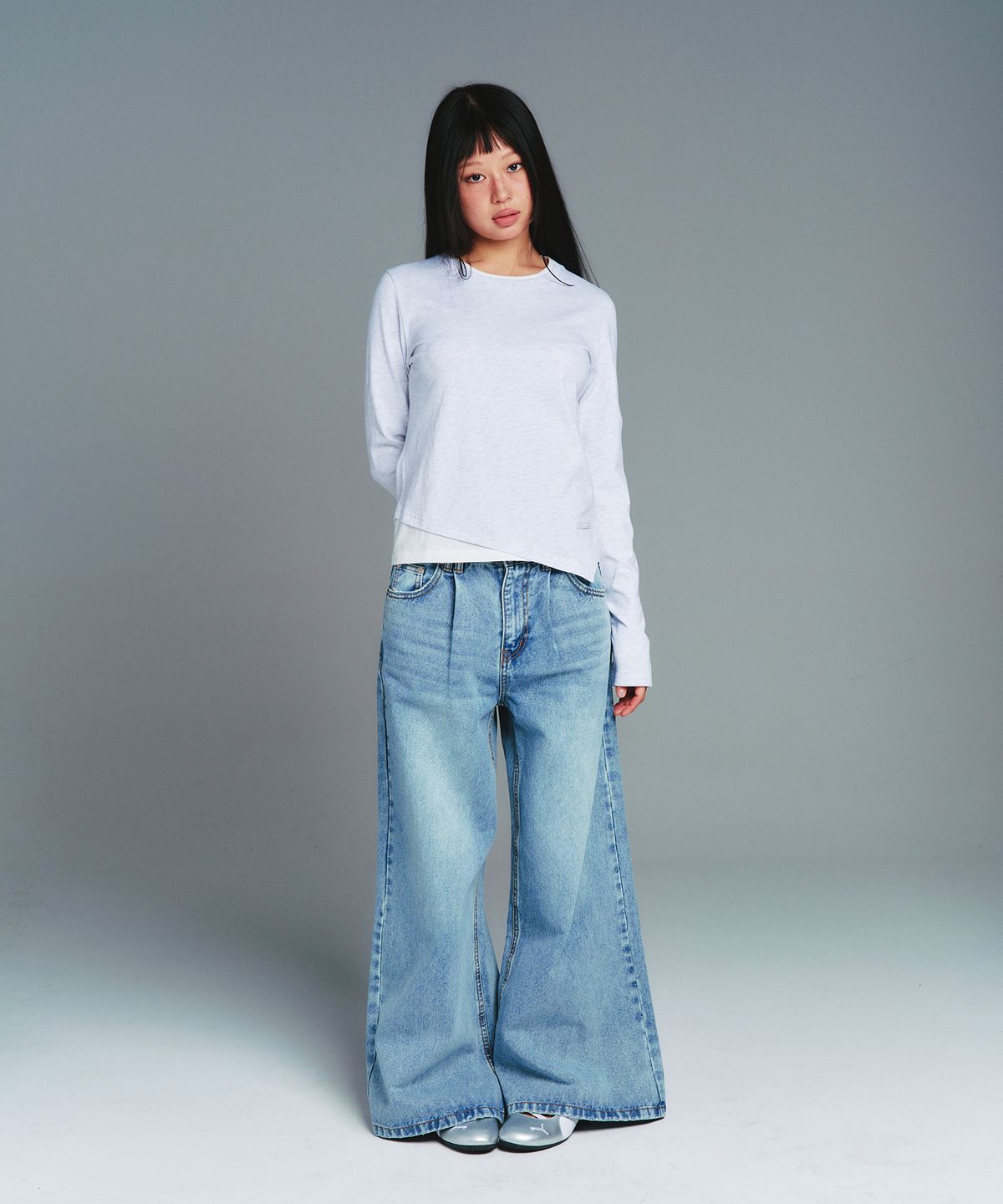 아메스 월드와이드(AMES-WORLDWIDE) CLASSIC UNBALANCE LAYERED LS TEE LIGHT GREY