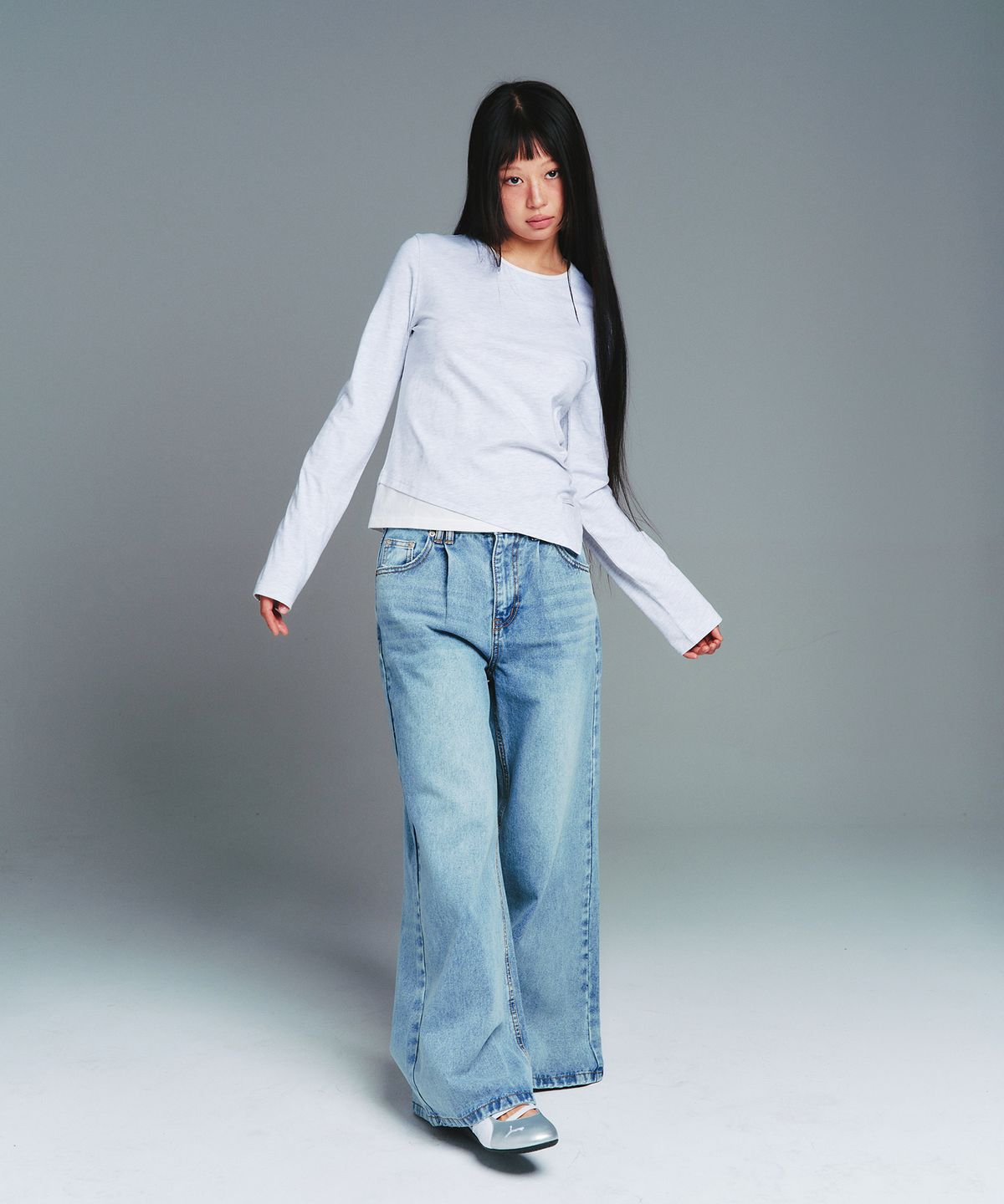 아메스 월드와이드(AMES-WORLDWIDE) CLASSIC UNBALANCE LAYERED LS TEE LIGHT GREY