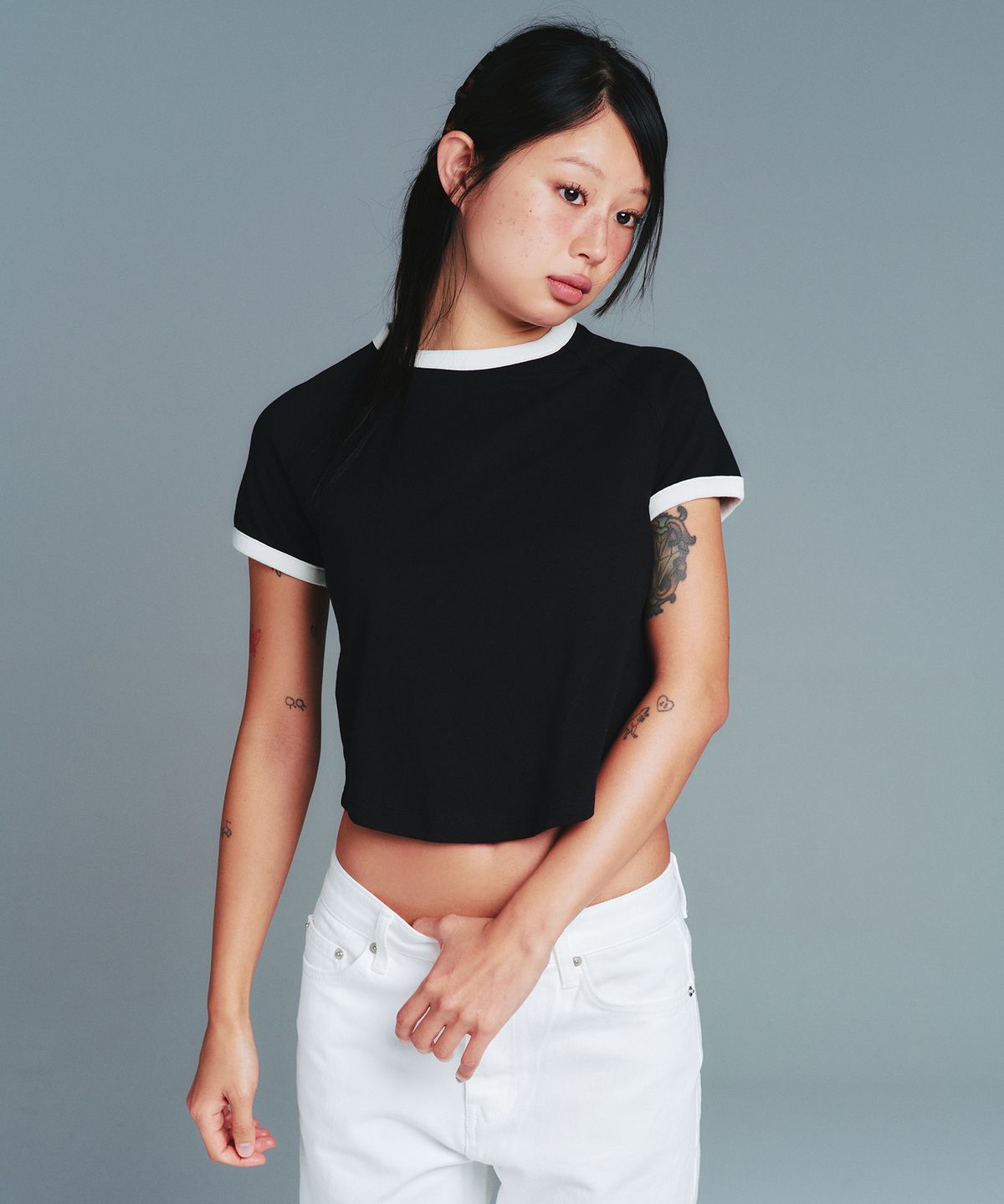 아메스 월드와이드(AMES-WORLDWIDE) CLASSIC ROUND HEM RINGER TEE BLACK