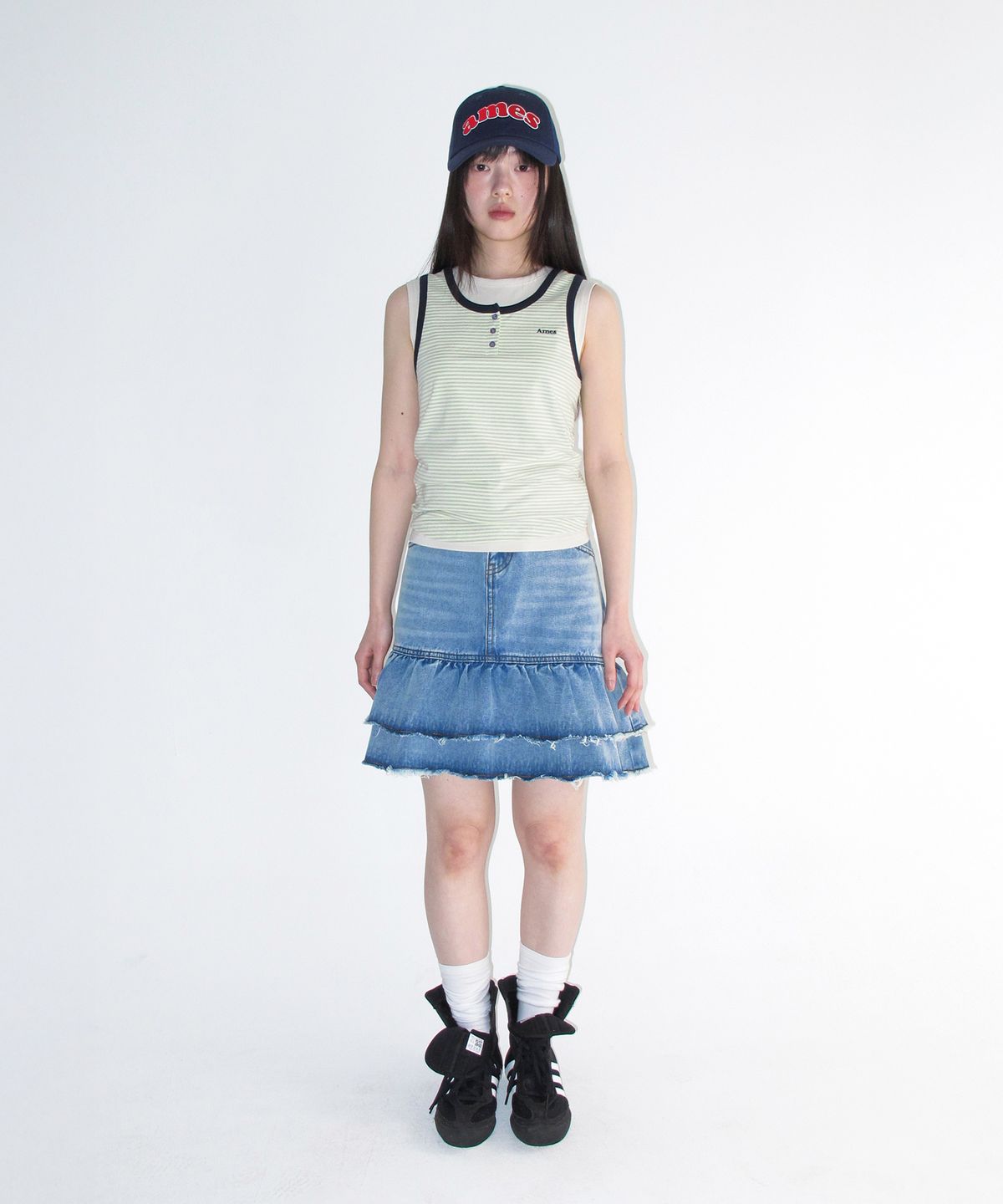 아메스 월드와이드(AMES-WORLDWIDE) FRILL DENIM SKIRT LIGHT BLUE