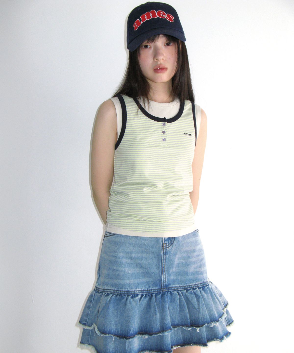 아메스 월드와이드(AMES-WORLDWIDE) FRILL DENIM SKIRT LIGHT BLUE