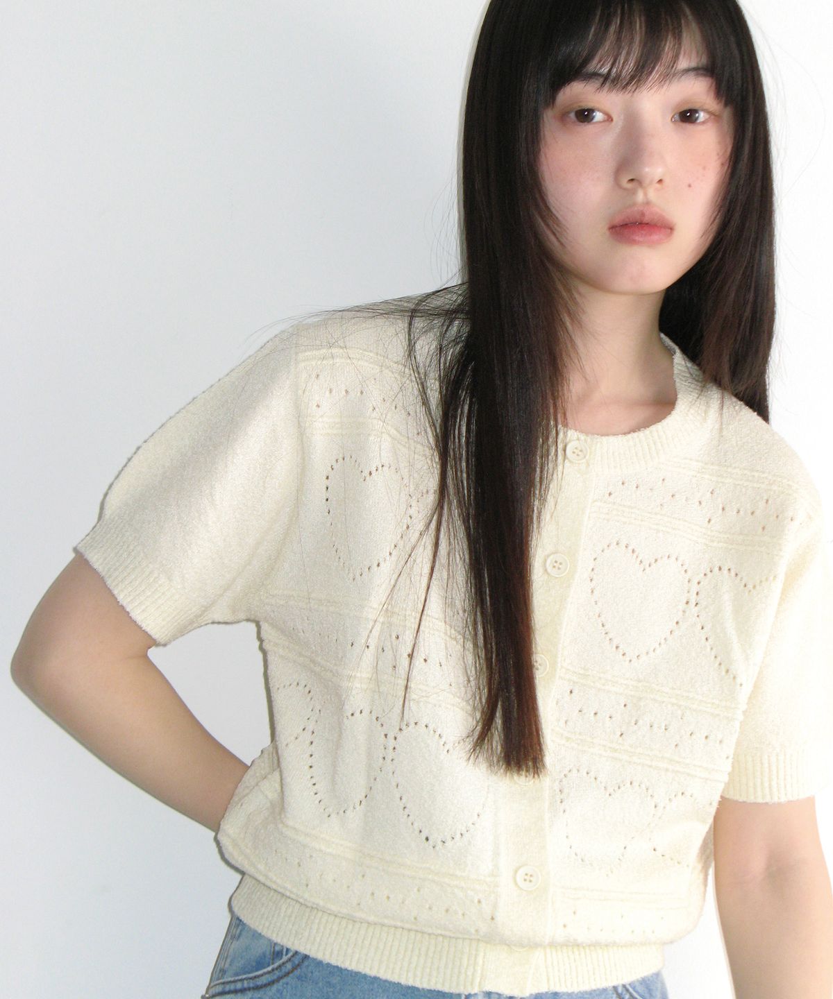 아메스 월드와이드(AMES-WORLDWIDE) HEART CROCHET SHORT SLEEVE CARDIGAN IVORY