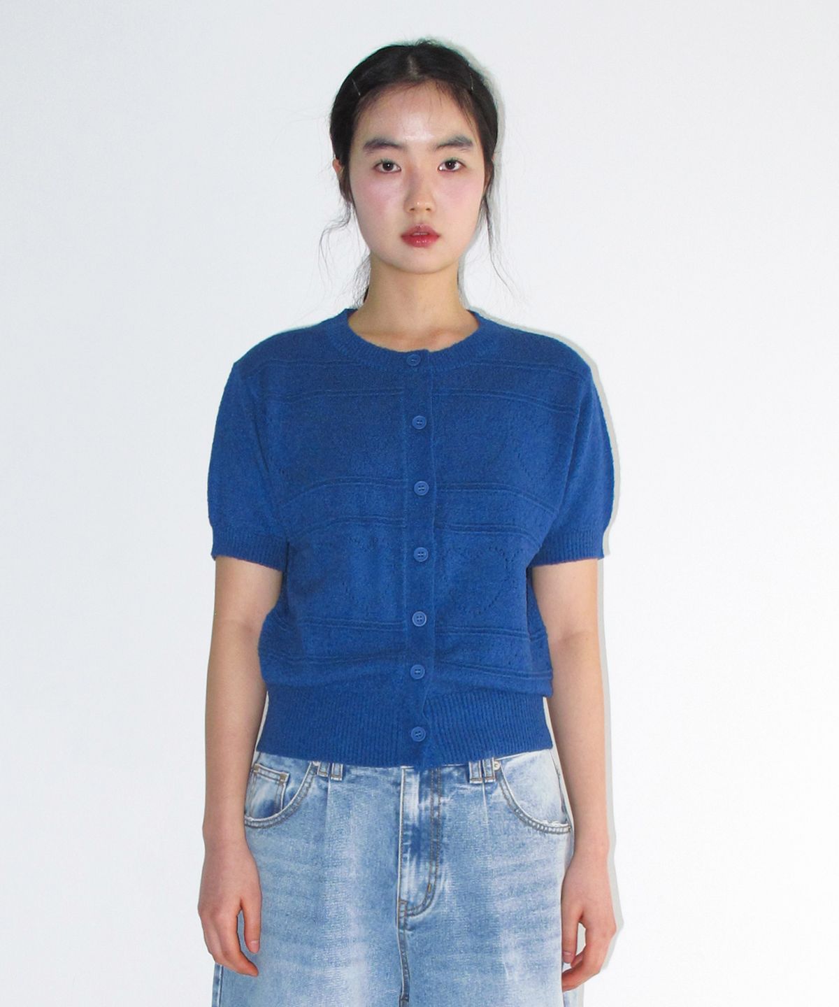 아메스 월드와이드(AMES-WORLDWIDE) HEART CROCHET SHORT SLEEVE CARDIGAN BLUE