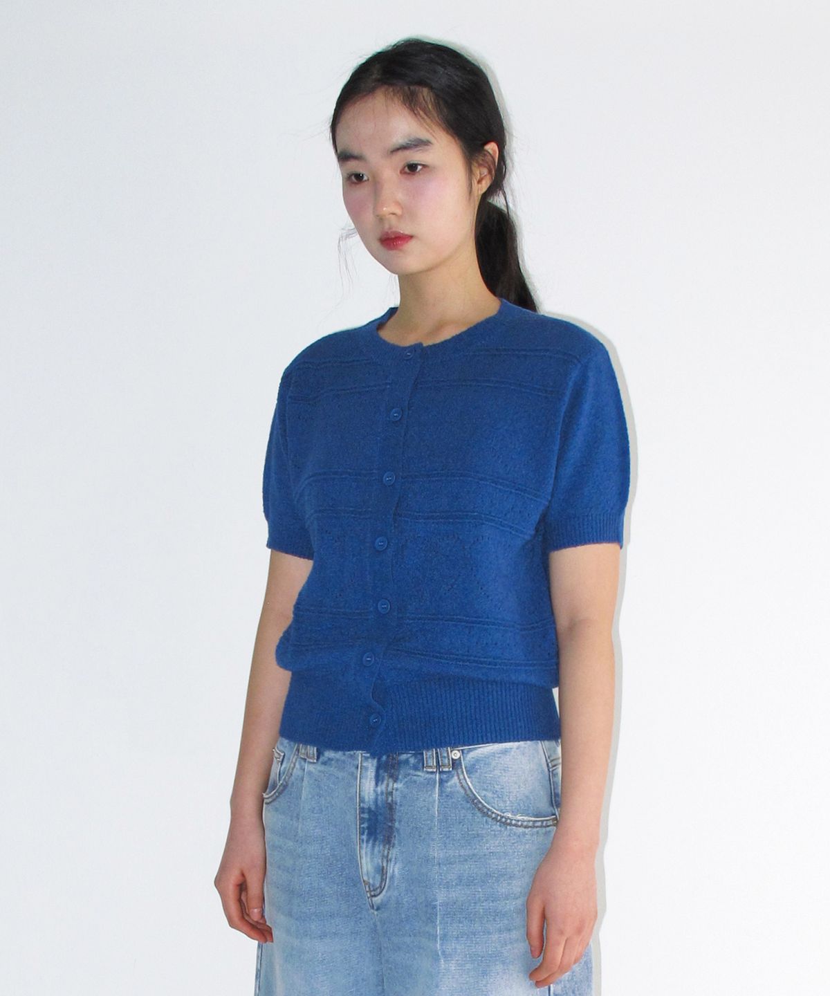 아메스 월드와이드(AMES-WORLDWIDE) HEART CROCHET SHORT SLEEVE CARDIGAN BLUE