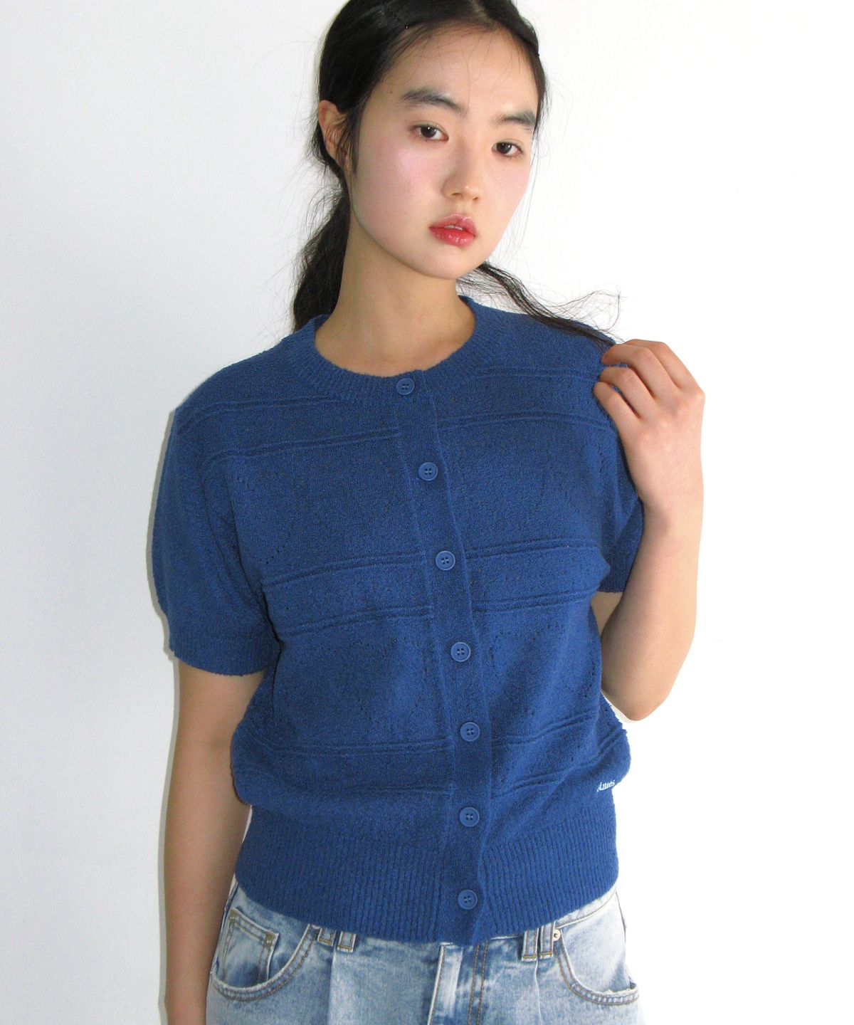아메스 월드와이드(AMES-WORLDWIDE) HEART CROCHET SHORT SLEEVE CARDIGAN BLUE