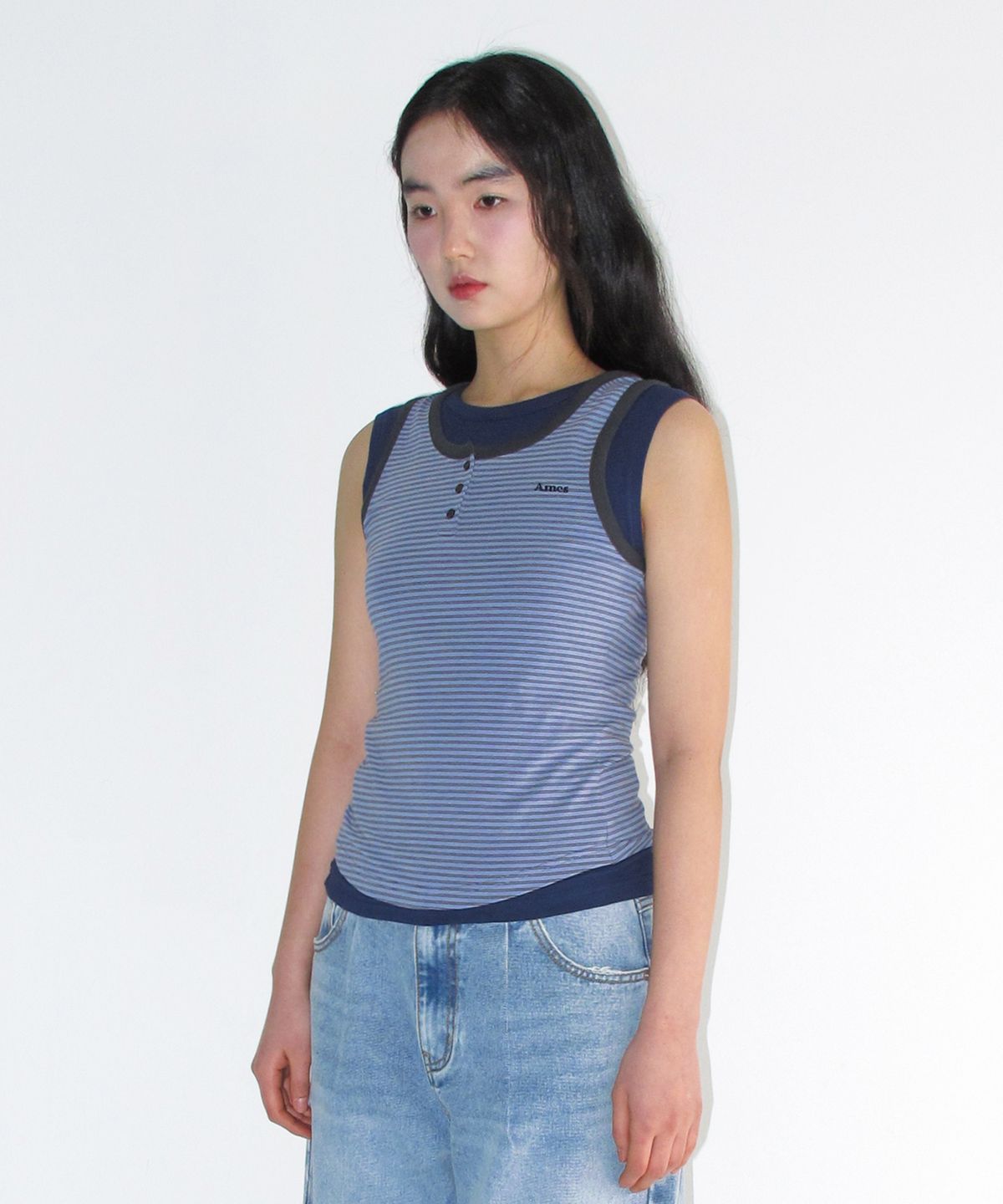 아메스 월드와이드(AMES-WORLDWIDE) LAYERED BUTTON SLEEVELESS BLUE