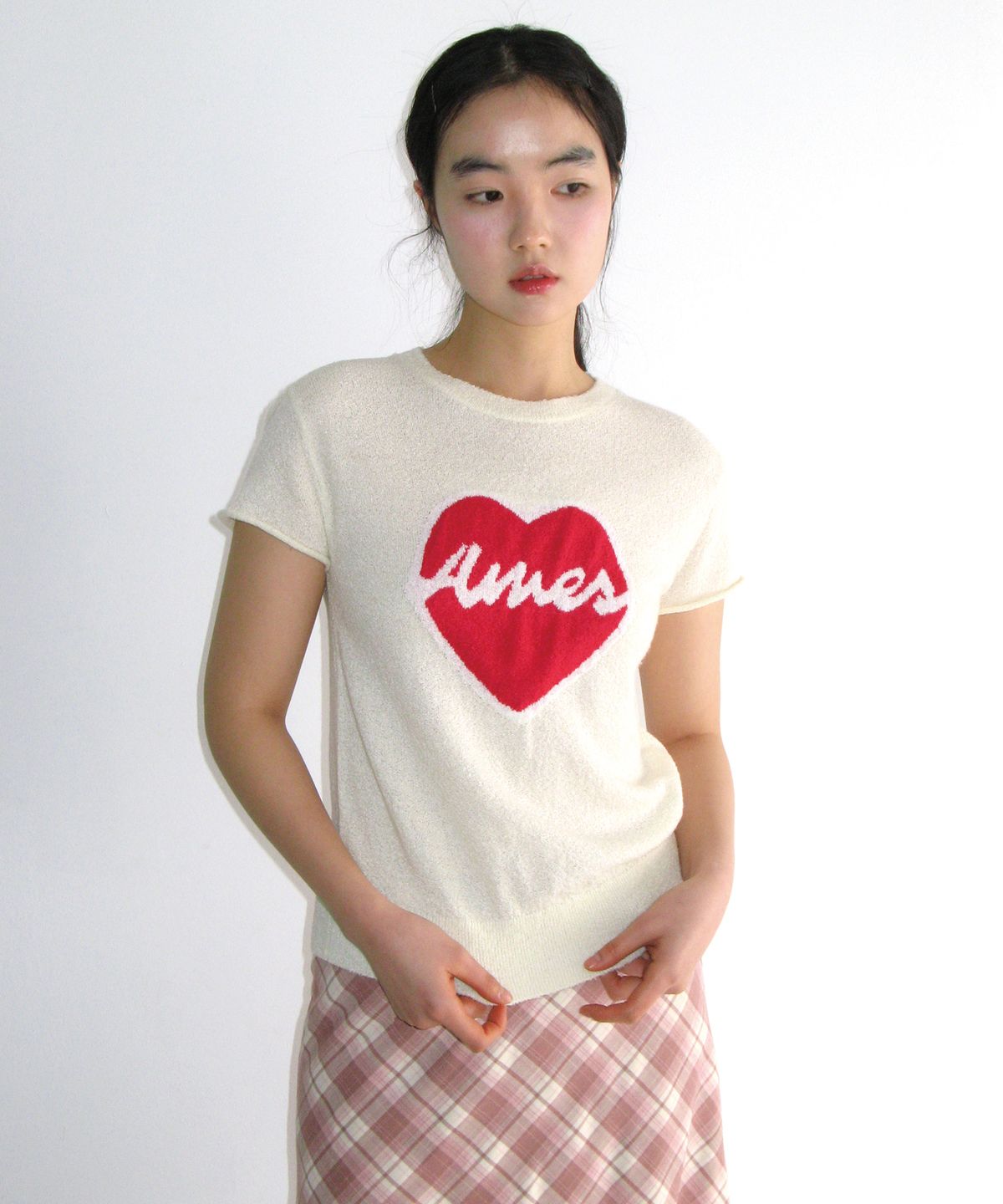 아메스 월드와이드(AMES-WORLDWIDE) HEART SHORT SLEEVE KNIT CREAM