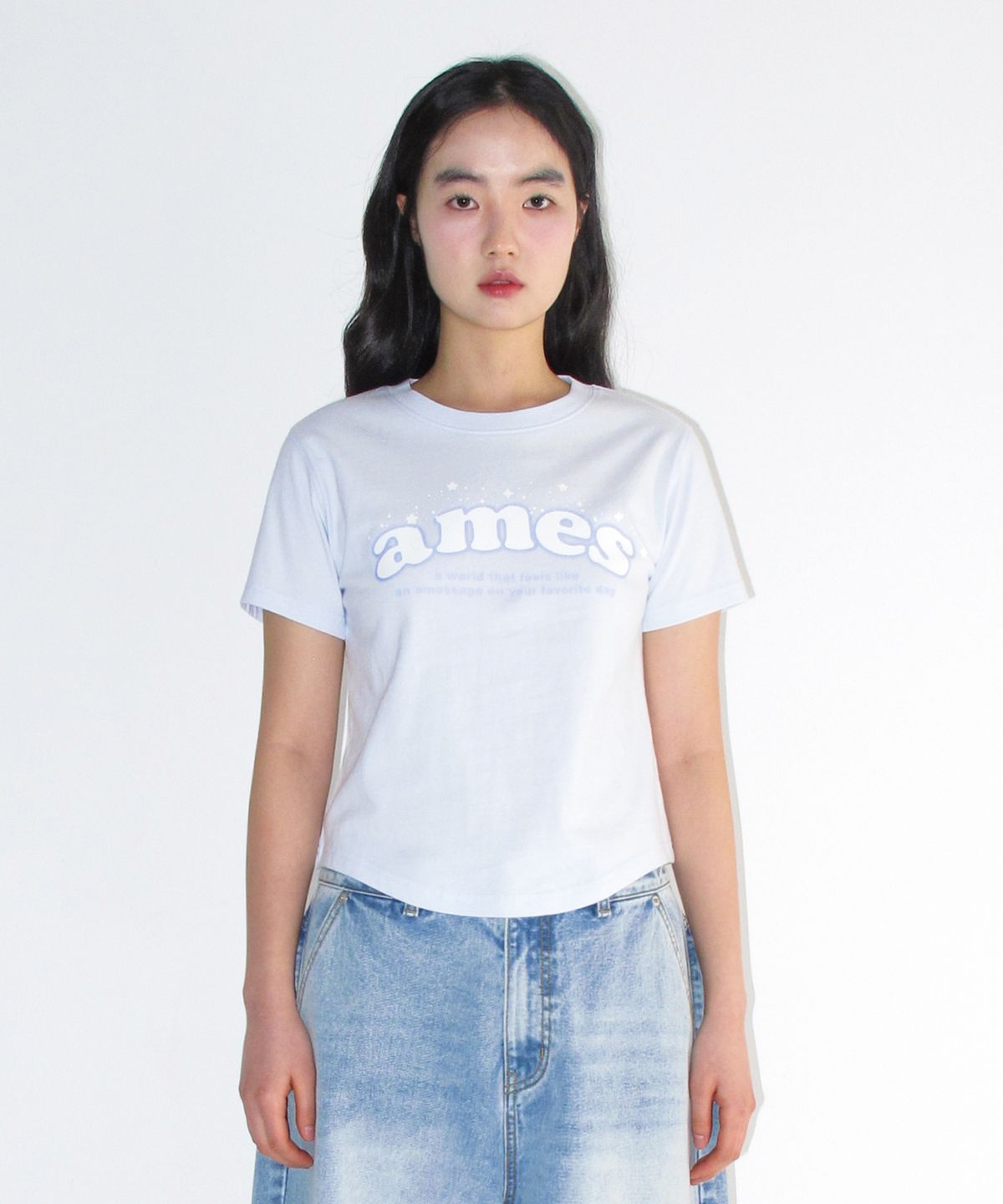 아메스 월드와이드(AMES-WORLDWIDE) SHINING AMES ROUND HEM CROP TEE BLUE