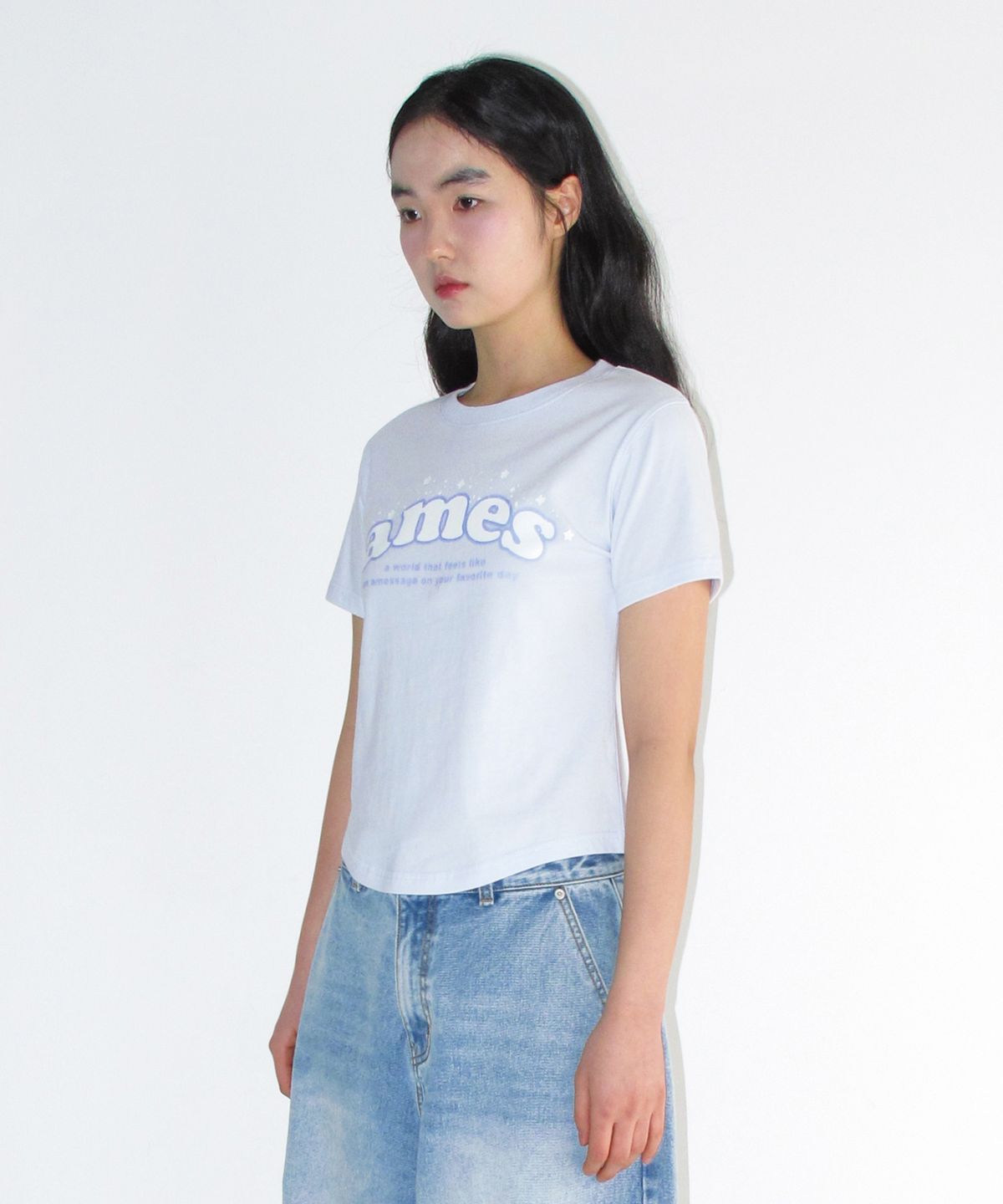 아메스 월드와이드(AMES-WORLDWIDE) SHINING AMES ROUND HEM CROP TEE BLUE