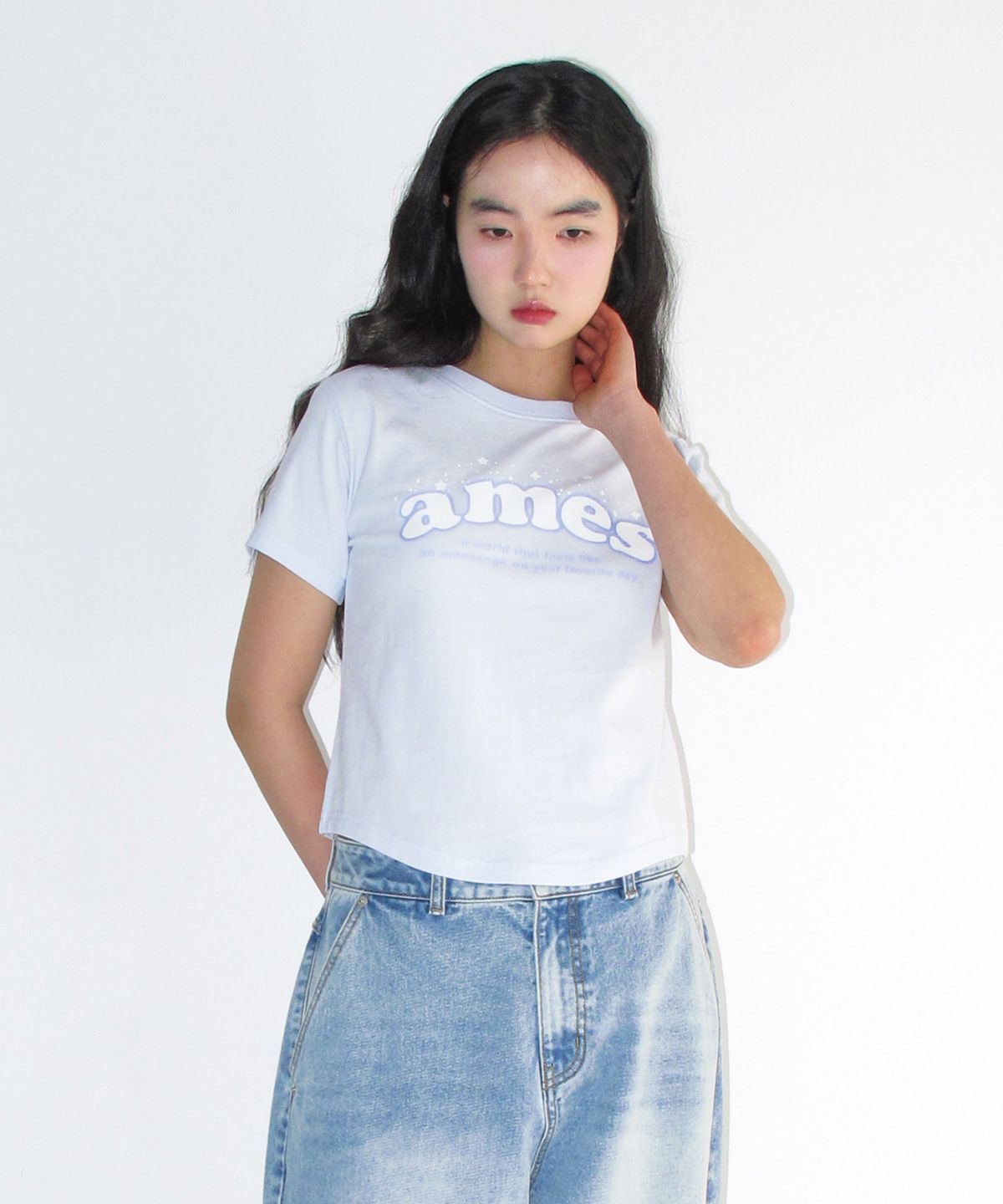 아메스 월드와이드(AMES-WORLDWIDE) SHINING AMES ROUND HEM CROP TEE BLUE