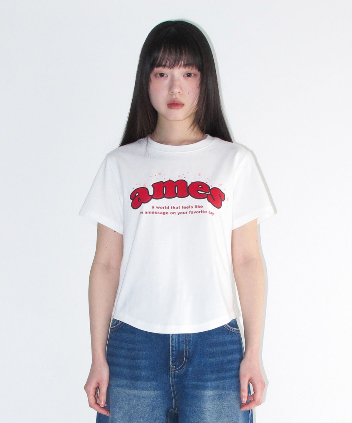 아메스 월드와이드(AMES-WORLDWIDE) SHINING AMES ROUND HEM CROP TEE WHITE