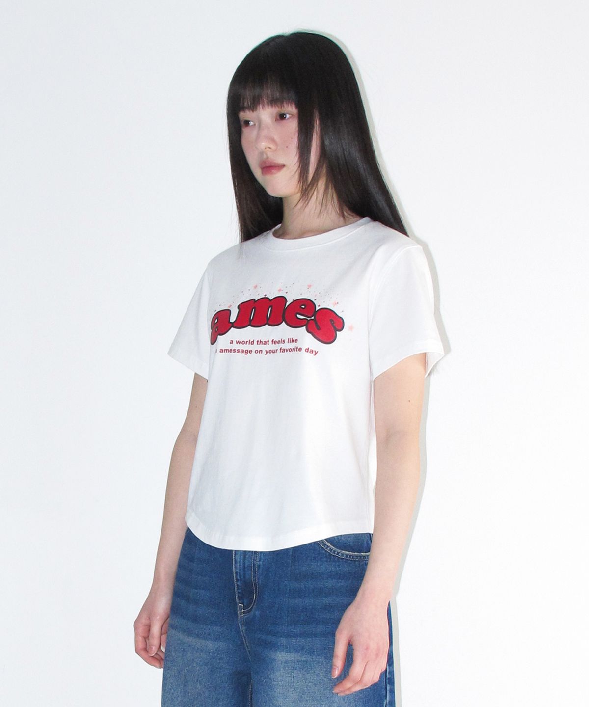 아메스 월드와이드(AMES-WORLDWIDE) SHINING AMES ROUND HEM CROP TEE WHITE