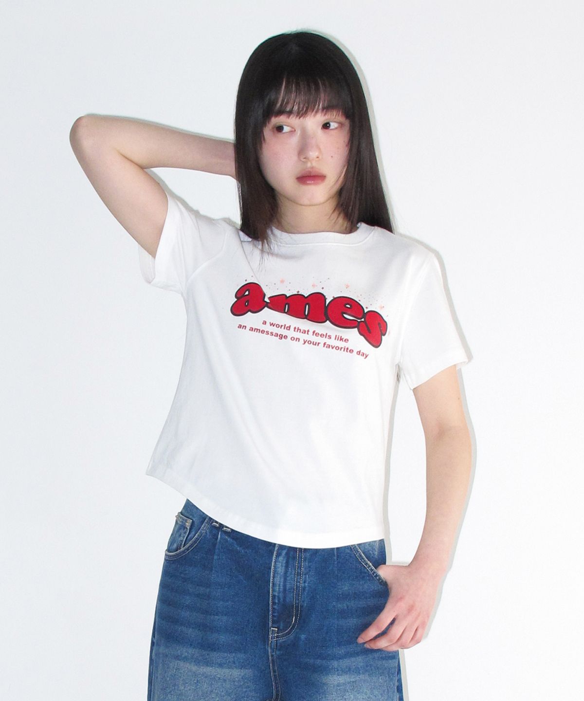 아메스 월드와이드(AMES-WORLDWIDE) SHINING AMES ROUND HEM CROP TEE WHITE