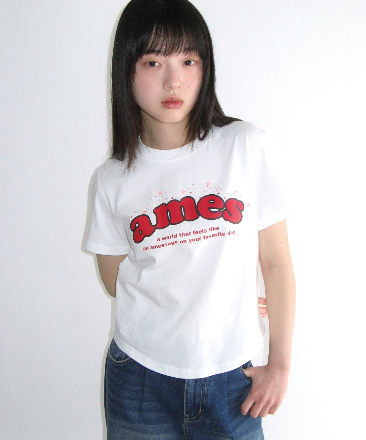 아메스 월드와이드(AMES-WORLDWIDE) SHINING AMES ROUND HEM CROP TEE WHITE